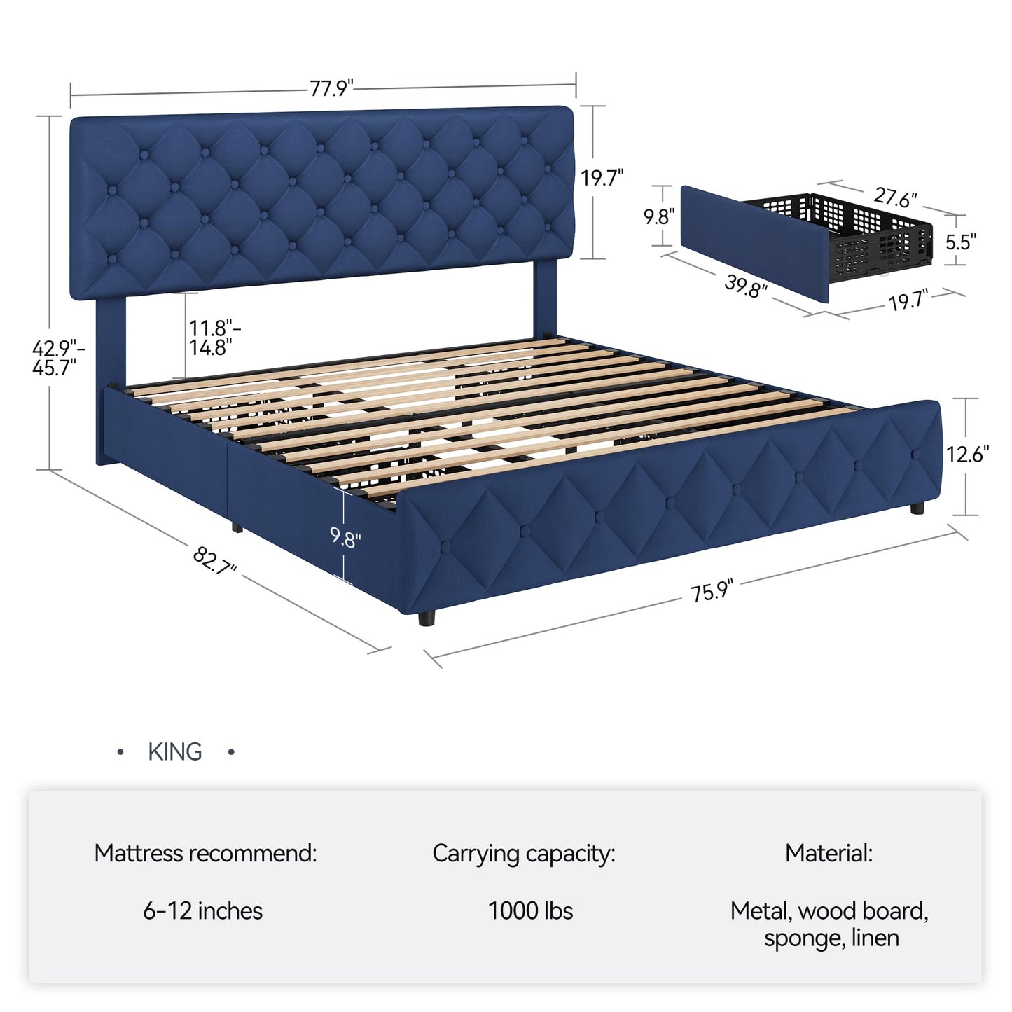 King Size Bed Frame with 4 Storage Drawers, Linen Upholstered Platform Bed Frame with Headboard and Footboard, Wooden Slats Support, Diamond Stitched Button Tufted, No Box Spring Needed, Blue