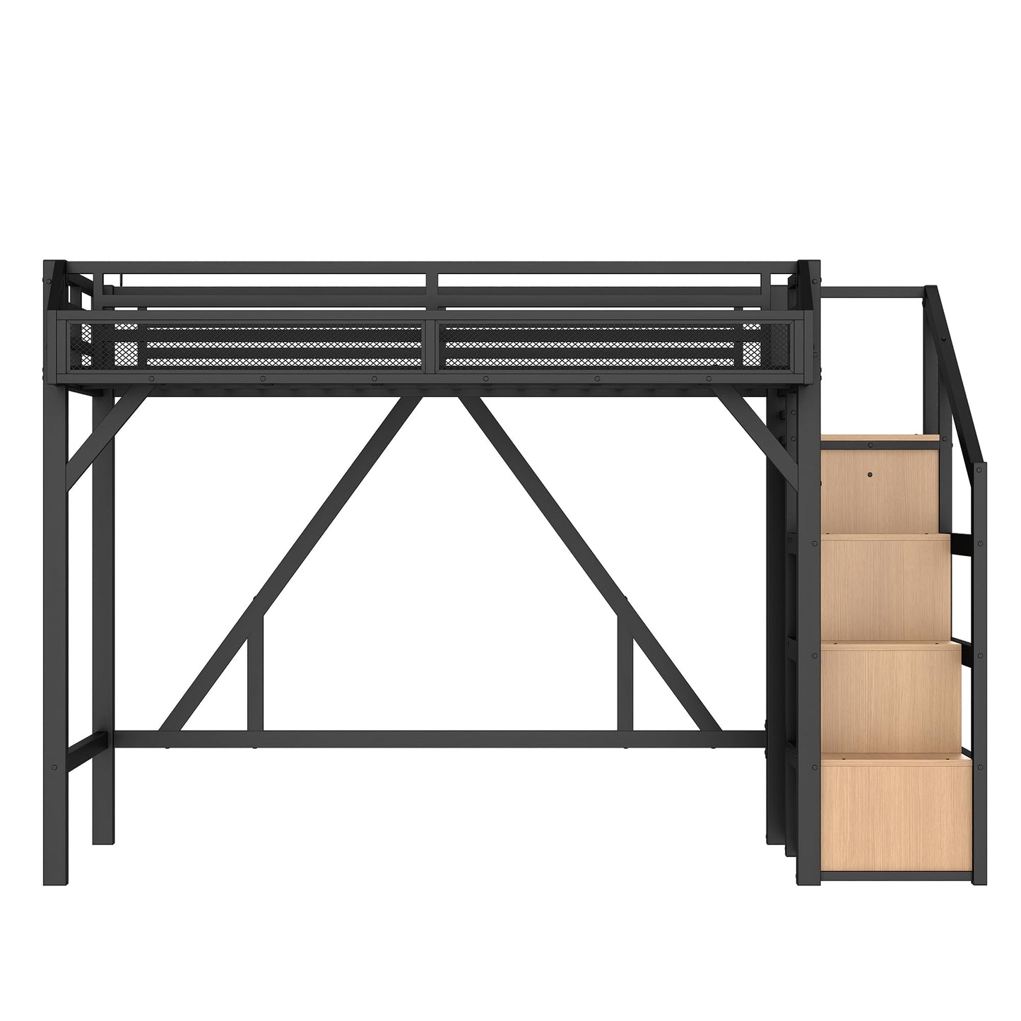 Bellemave Twin XL Size Loft Bed with Stairs and Wardrobe,Heavy Duty Metal Loft Bed Frame with Shelves,LED Lights and Charging Station for for Kids,Teens,Adults,Natural Wood