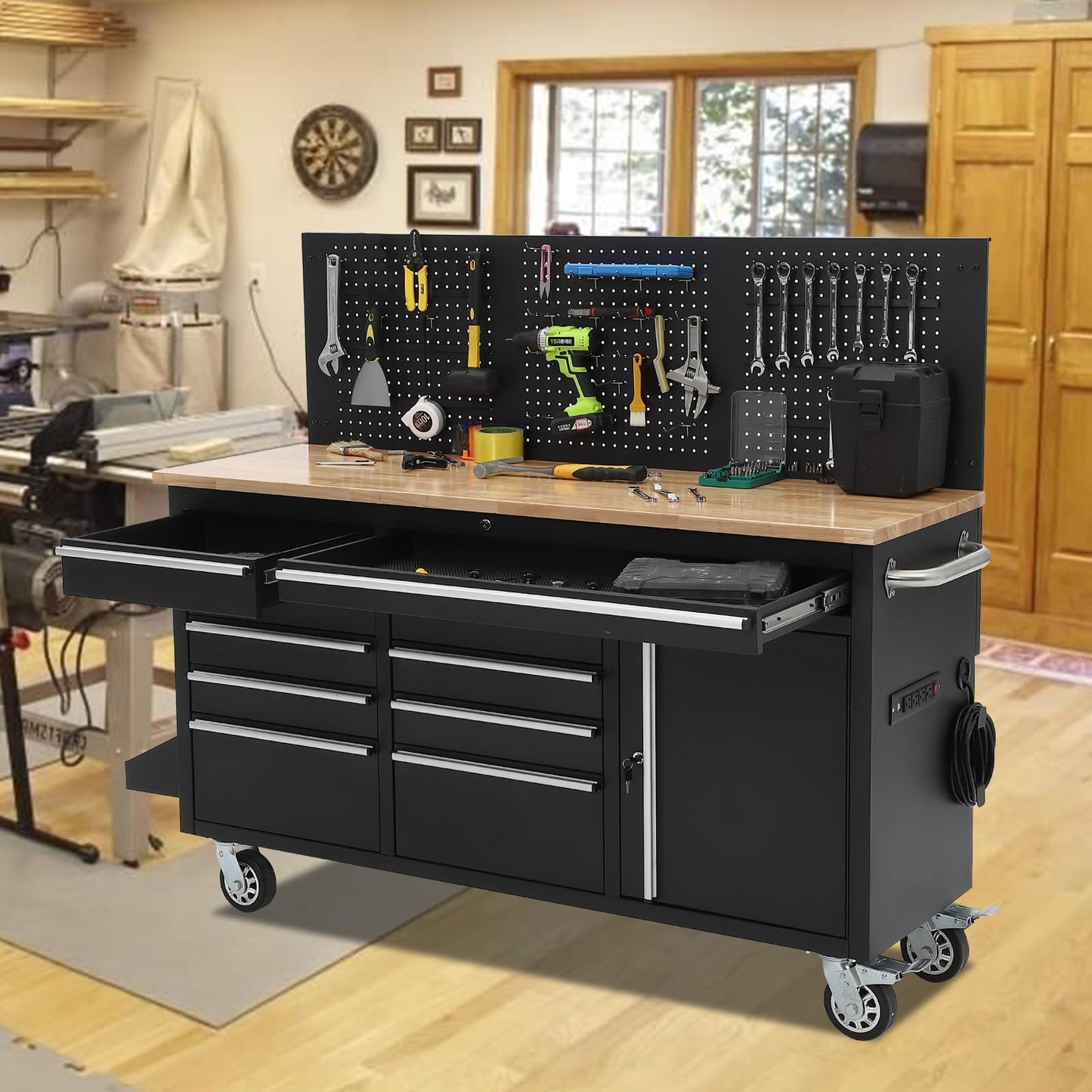 IDEALHOUSE 61-inch Rolling Tool Chest, 10 Drawers Garage Workbench Storage Tool Cabinet with Power Strip, Solid Rubber Wood Top, 1675 LBS Load Mobile Workstation, Heavy Duty Rolling Cabinet, Black
