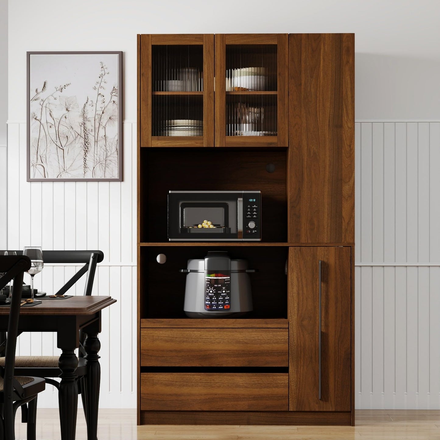 KEIKI 70.87" Tall Kitchen Pantry Storage Cabinet with Pull-Out Shelf, Side Shelves, 2 Drawers, Glass Doors & Microwave Stand, Freestanding Wood Hutch Food Pantries Cupboard for Dining Room