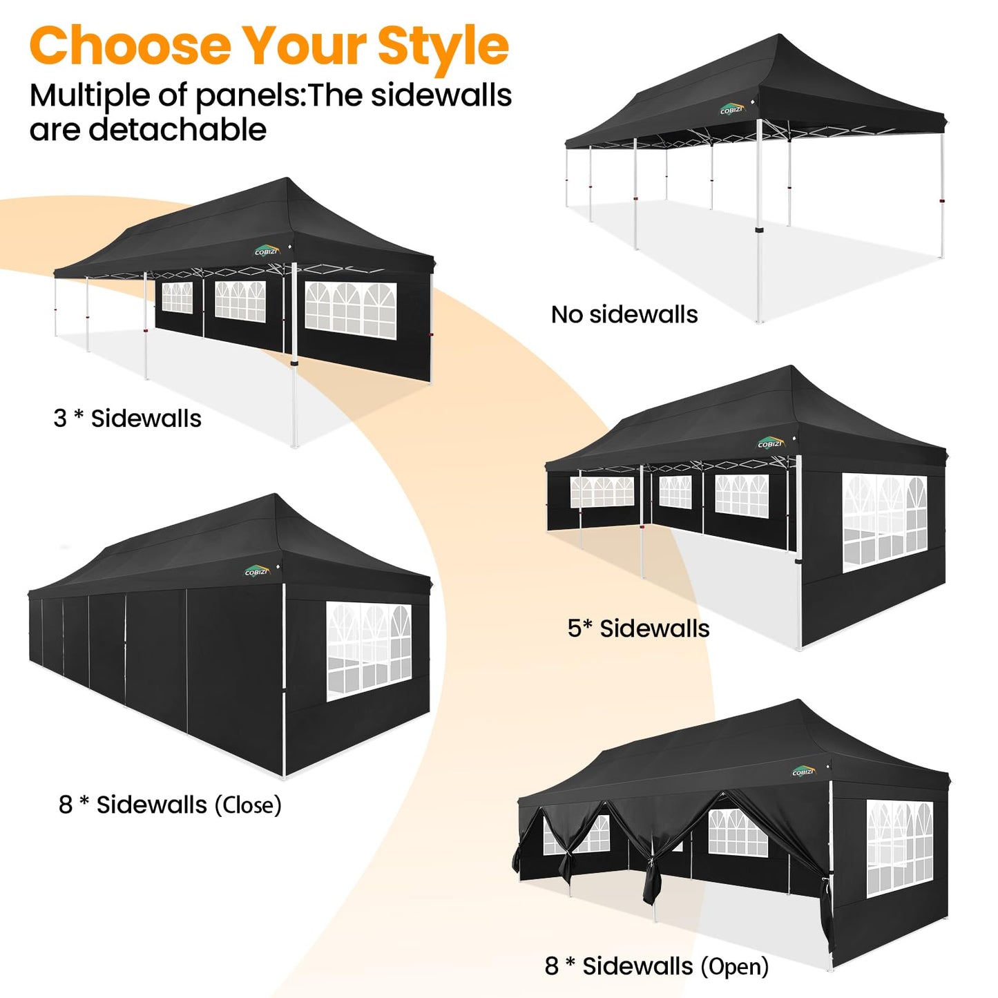 COBIZI 10x30 Pop up Canopy with Roller Bag & 8 Removable Sidewalls, Canopy Tent for Parties, Wedding, and Commercials, Waterproof and Instant Shelter UV50+ Outdoor Gazebo with 4 Sandbags(Pure Black)