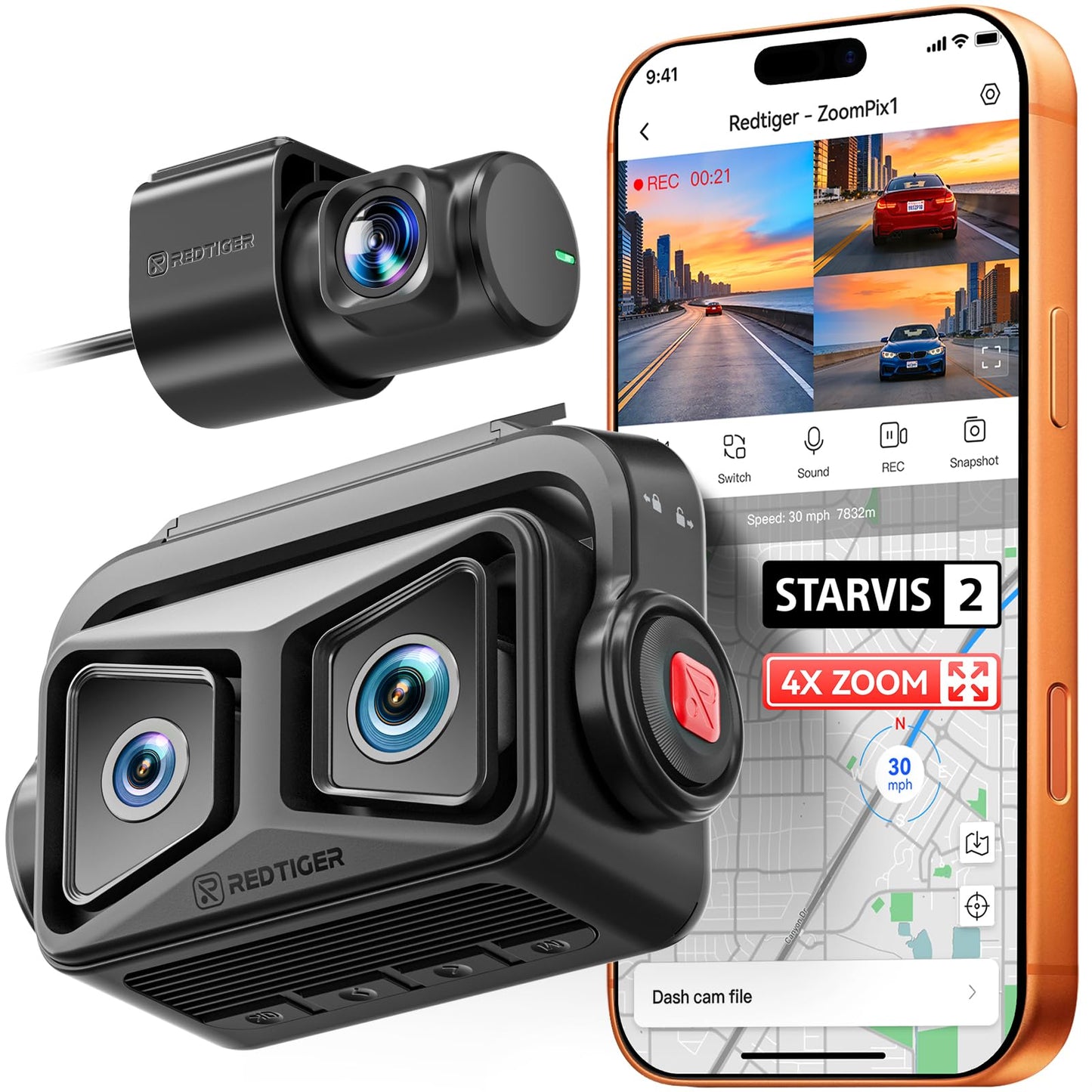 REDTIGER ZP1 Dash Cam Front and Rear, Telephoto+Wide Front Lenses for 100ft Plate Recognition, 4X Zoom, 2K+1080P Recording, Dual STARVIS 2, HDR Night Vision, 5.8GHz WiFi, Voice Control, Loop Recording