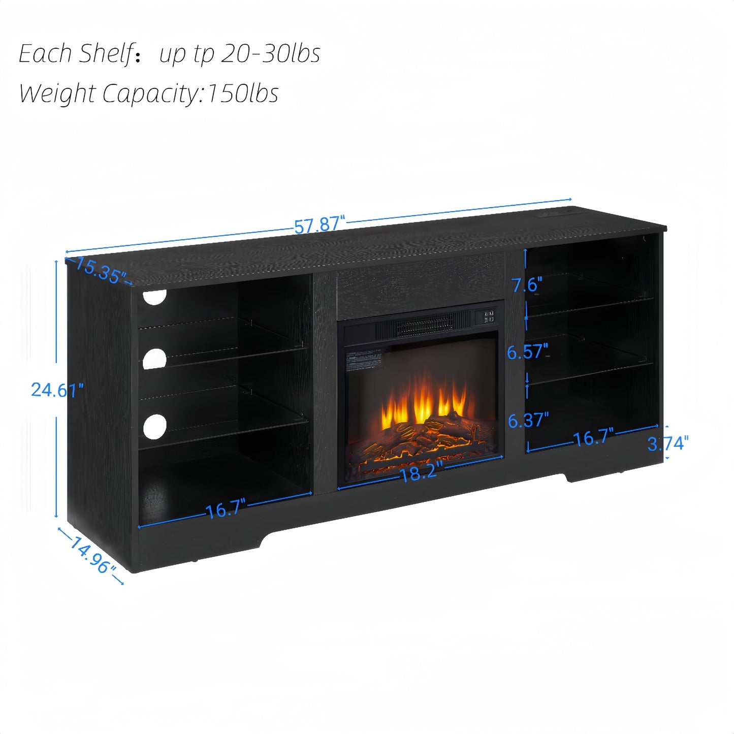 KEIKI 58" Electric Fireplace TV Stand for TVs Up to 62 inch, Modern Media Entertainment Center with LED Lights & Glass Shelves & USB Charging Outlet, TV Console Cabinet for Living Room, Black
