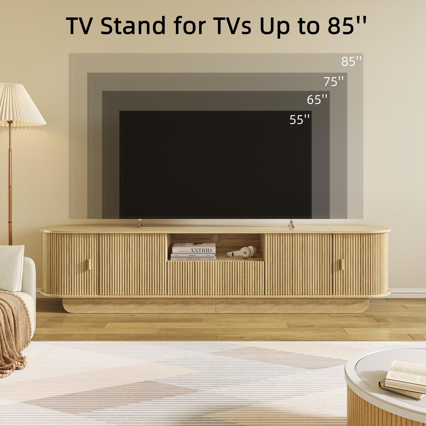 UKAOCAI 86.61'' Tambour TV Stand for 55-85 Inch, Modern Entertainment Center with Large Storage Cabinet & Open Shelves, TV Console with Sliding Doors for Living Room, Bedroom, Natural