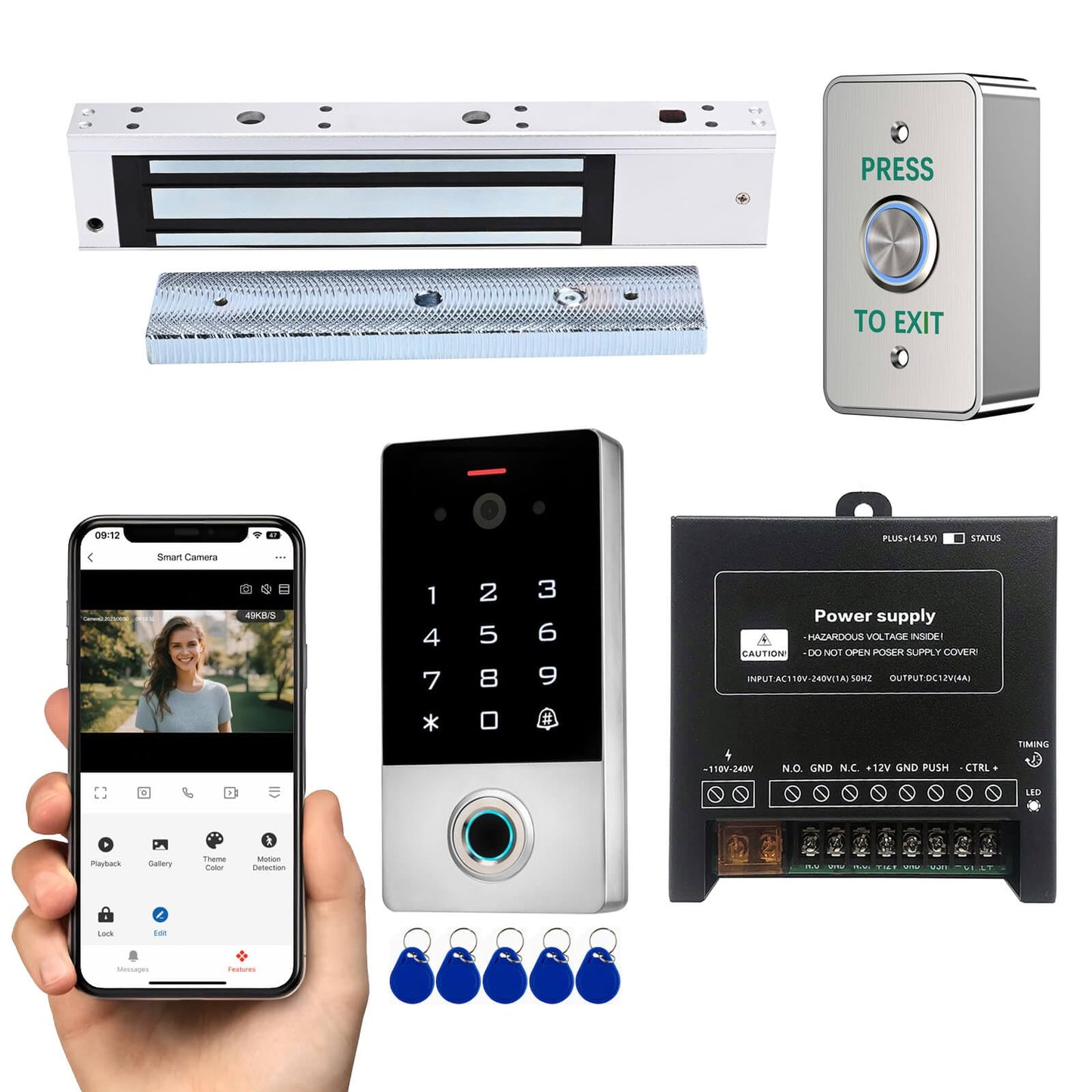 Smart Door Access Control System with Tuya APP Remote Video Intercom & Monitoring, Built-in Camera, 600lbs Magnetic Lock, IP68 Metal Keypad, Fingerprint/Password/ID Card Unlock