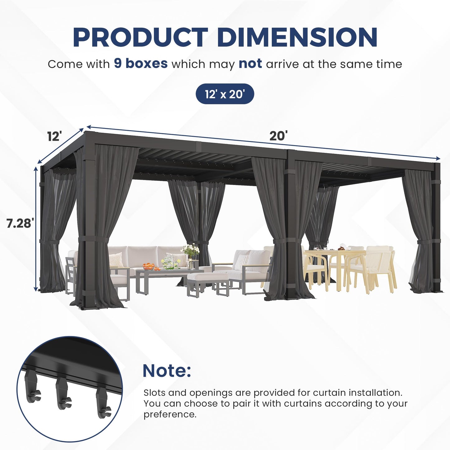 12' x 20' Louvered Pergola, Outdoor Pergola with Metal Adjustable Louvered Roof & Gutter System, Hardtop Patio Gazebo for Backyard, Patio, Garden, Dark Gray