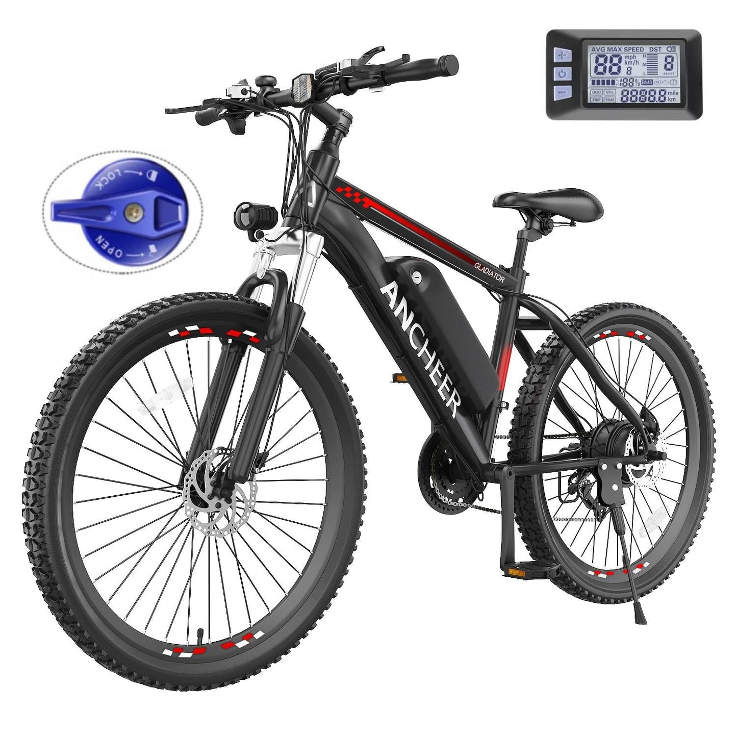 ANCHEER 26" Electric Bike for Adults, Peak 749W Ebike, 19.8MPH Electric Bicycle with 48V 374Wh / 48V 499Wh Battery(3H Fast Charge), LCD Display, Front Suspension, UL2849 Compliant, Red Gladiator