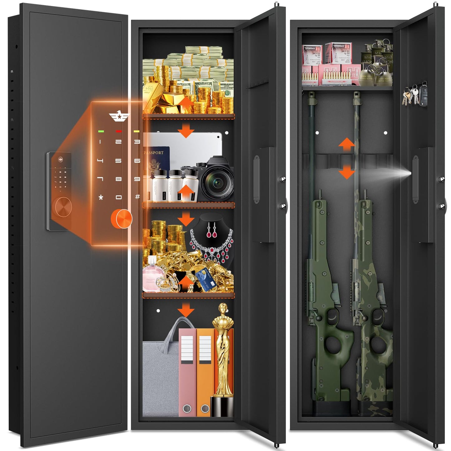 kavey 53.15" Wall Safe Between the Studs, Digital Hidden Safe with LCD Backlit Keypad, Large Wall Gun Safe with 3 Adjustable Shelves & Magnetic Slot for Home (Black-Digital)