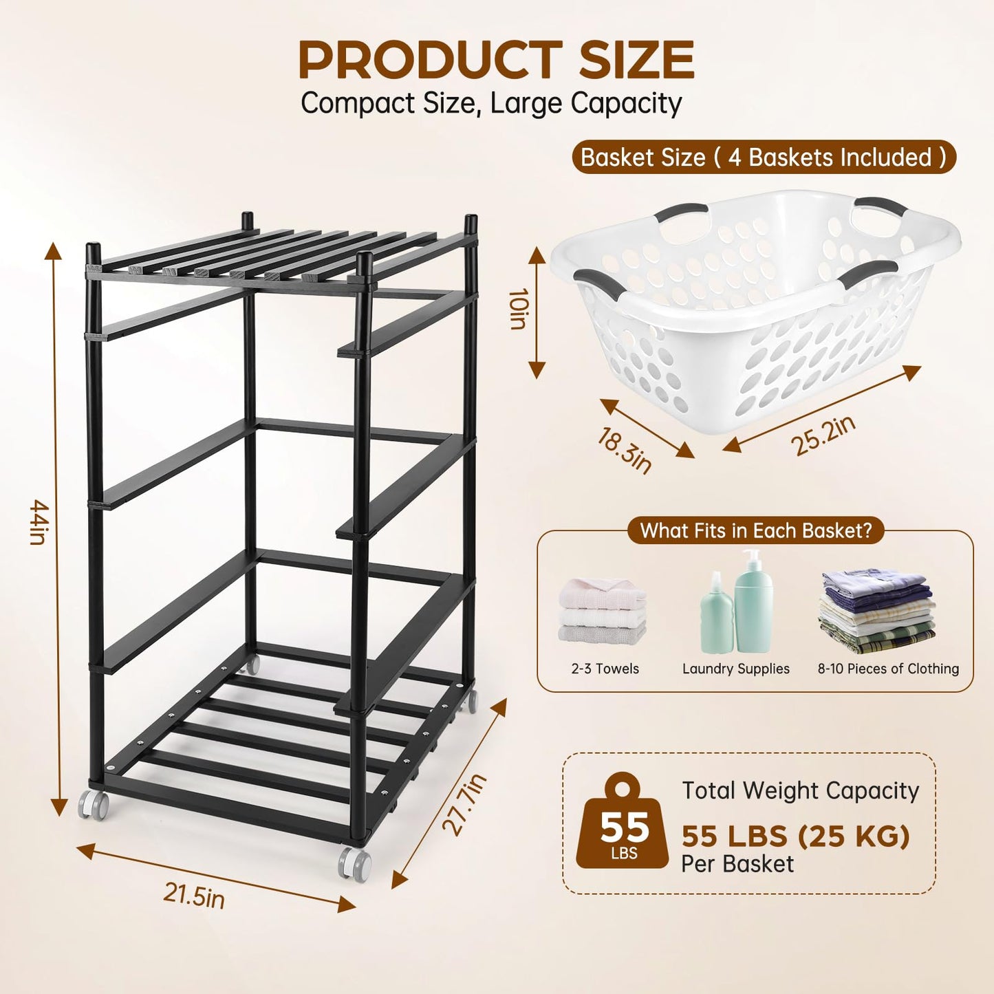 Wooden Laundry Shelf with 3 Large Laundry Baskets, Rolling Laundry Organizer with Wheels, Vertical & Horizontal Assembly, Space-Saving Storage Rack for Bathroom, Bedroom, Laundry Room (Black)