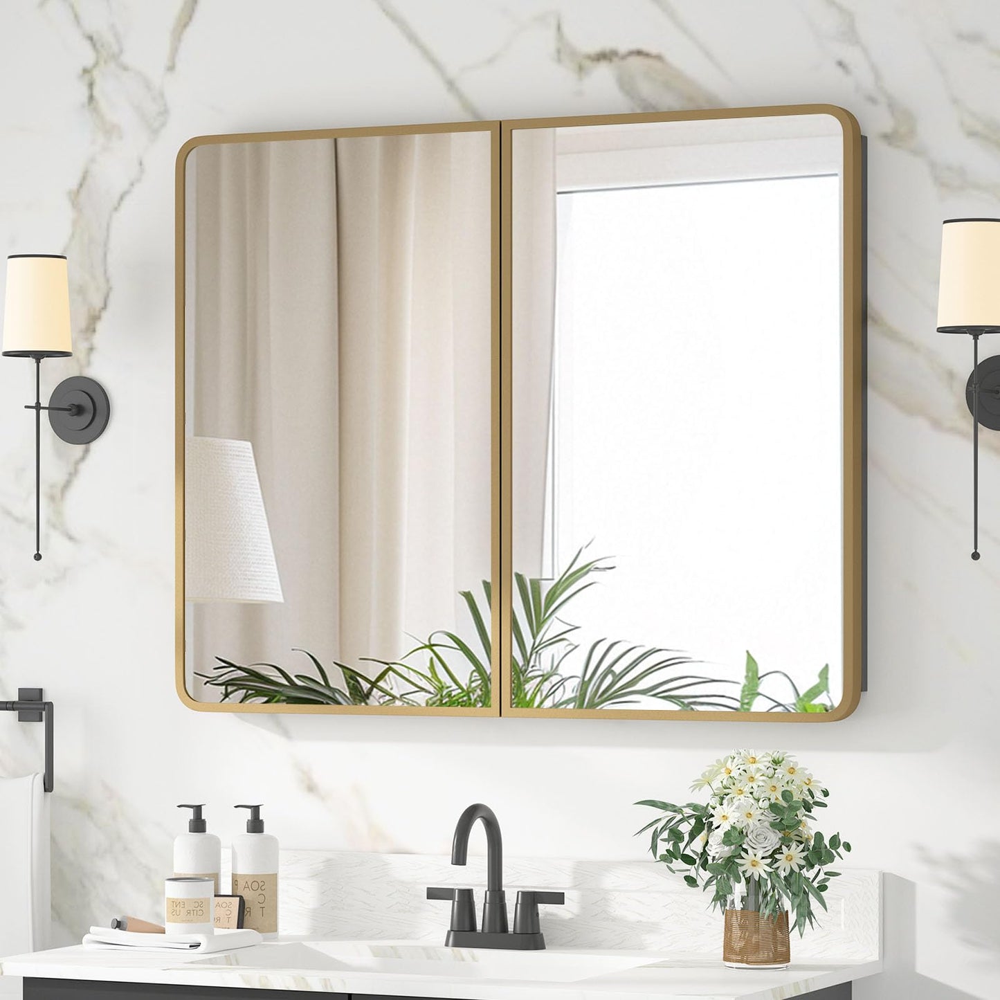 YTSMIR Bathroom Medicine Cabinet with Mirror 24 x 30 Inch, Brush Gold Medicine Cabinet Recessed or Surface Wall-Mounted, Mirrored Cabinets with Sturdy Metal Adjustable Shelves for Bathroom Vanity