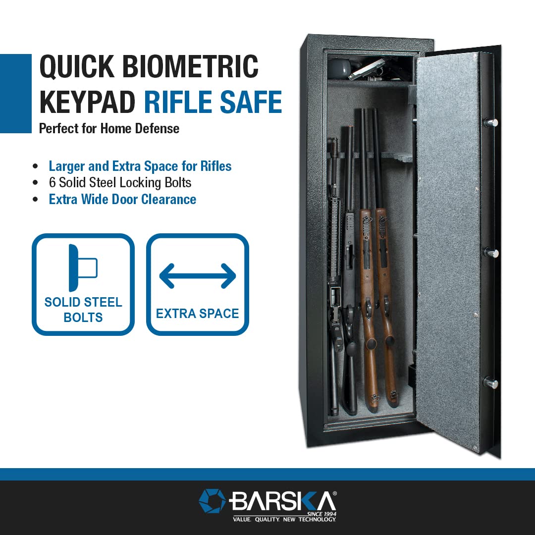 Barska 5.51 Cu Ft DOJ Certified Biometric Rifle Safe – 10 Gun Capacity, Fingerprint & PIN Access, 6-Point Deadbolt, Silent Mode, Motion Alarm, Carpeted Interior