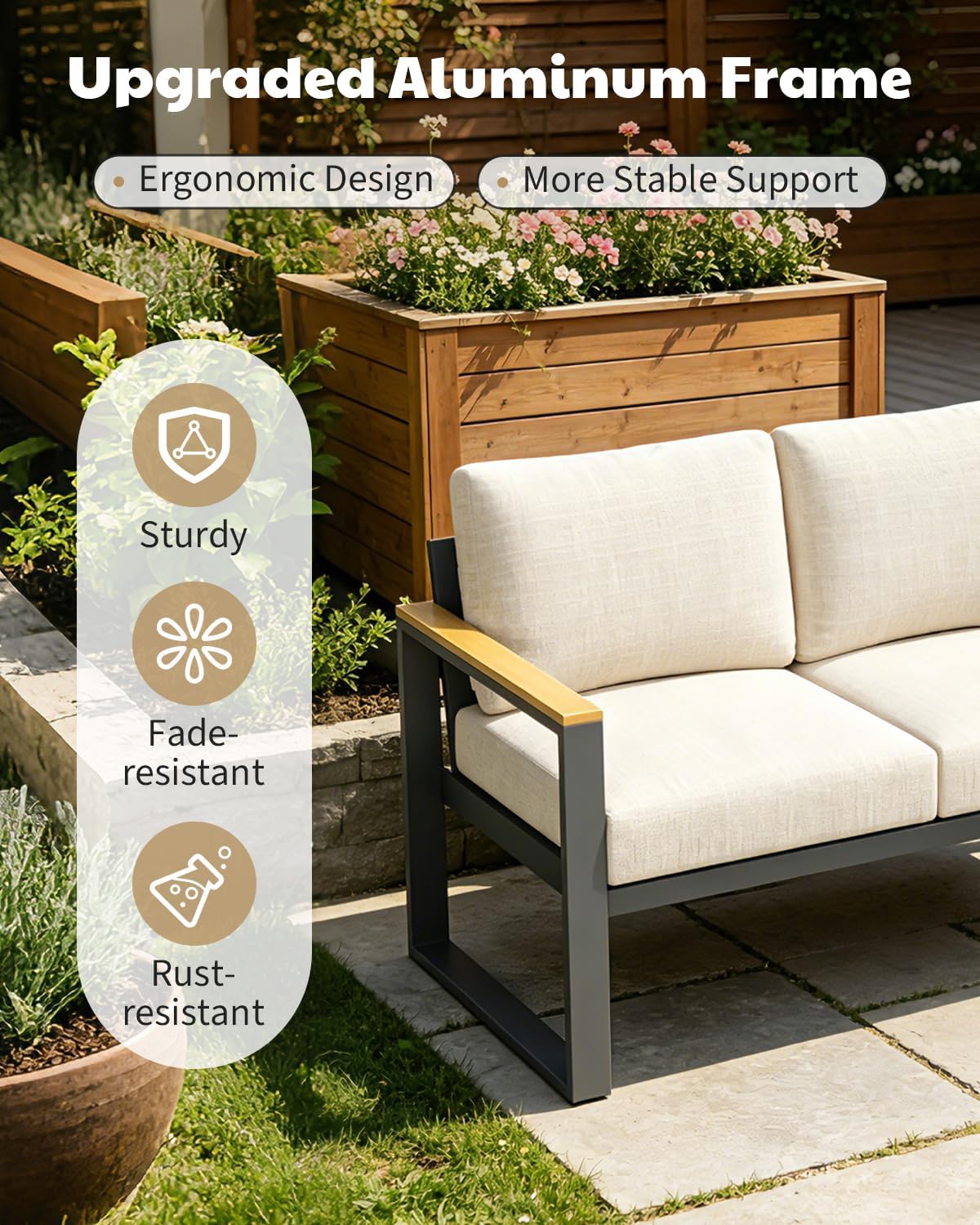 Aluminum Outdoor Patio Furniture - 1 Pcs Loveseat and Coffee Table, All-Weather Metal Modern Outside Furniture with Washable Thick Cushion for Balcony, Garden, Deck, Backyard, Beige