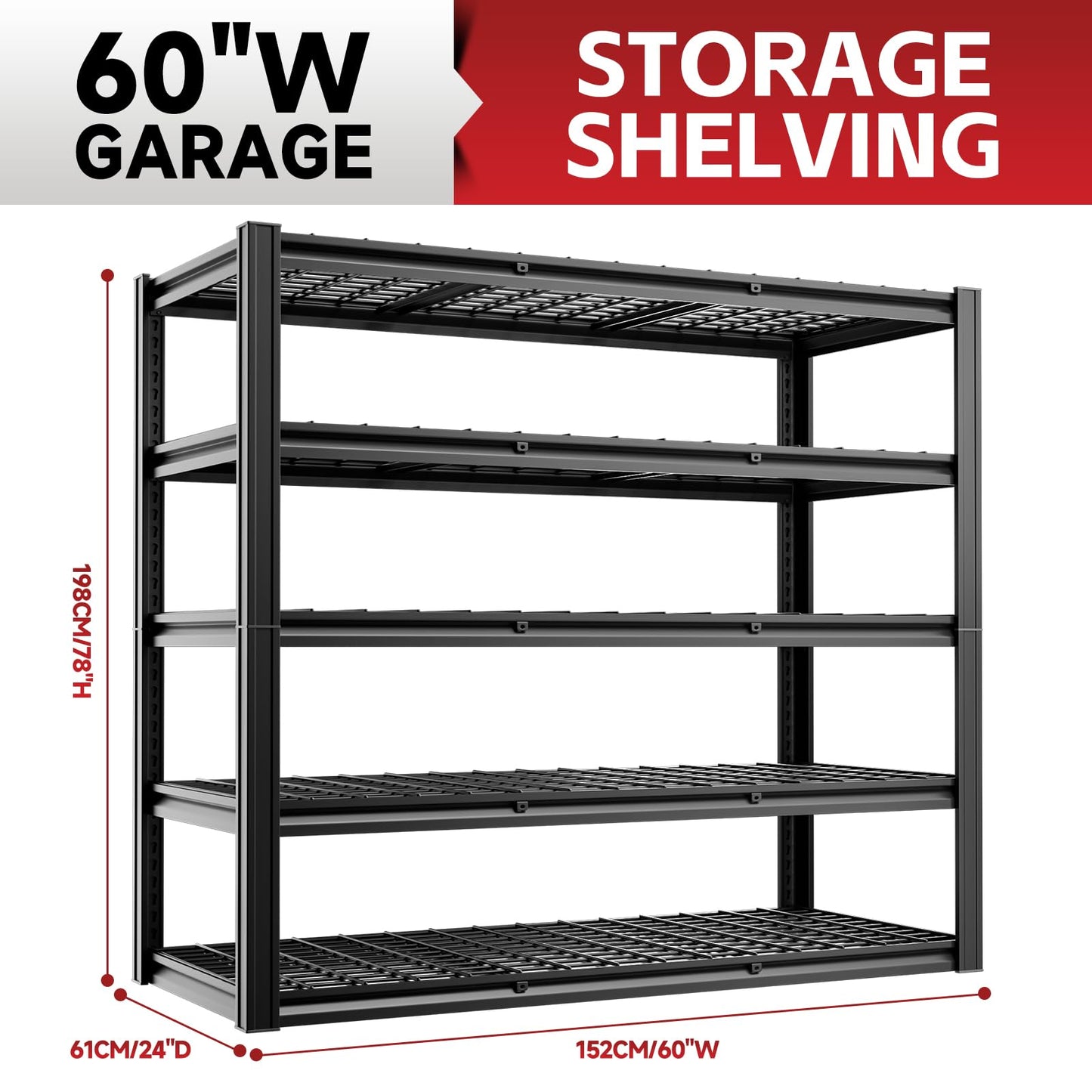 cynnda 5-Tier 60”W x 24”D x 78”H Garage Shelving Adjustable Metal Storage Shelves 3000LBS Garage Shelving Heavy Duty Utility Shelf Unit Storage Racks for Warehouse(Black)