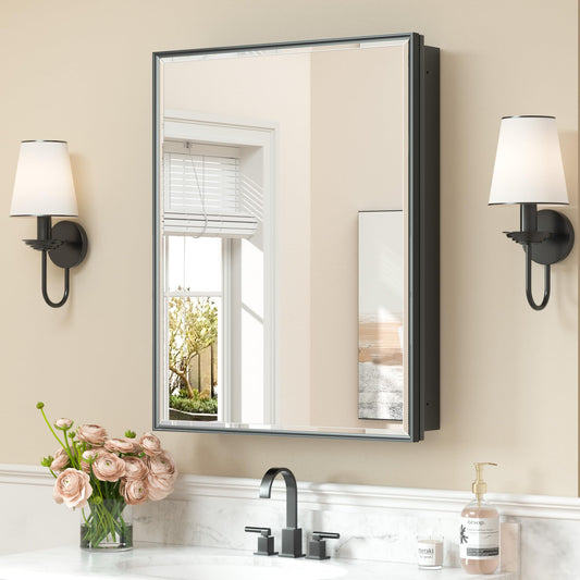 Keonjinn 24" x 30" Black Bathroom Medicine Cabinets with Mirror, Fully Assembled, Large Mirrored Medicine Cabinet Recessed or Surface Wall-Mounted, Aluminum Metal Framed, Farmhouse Cabinet Mirror