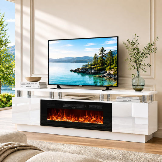 OneBlis 70" TV Stand & Entertainment Center, Media Console with Storage Shelves, Fits TVs up to 80", Modern Living Room Furniture, 36" Electric Fireplace (White+Black)