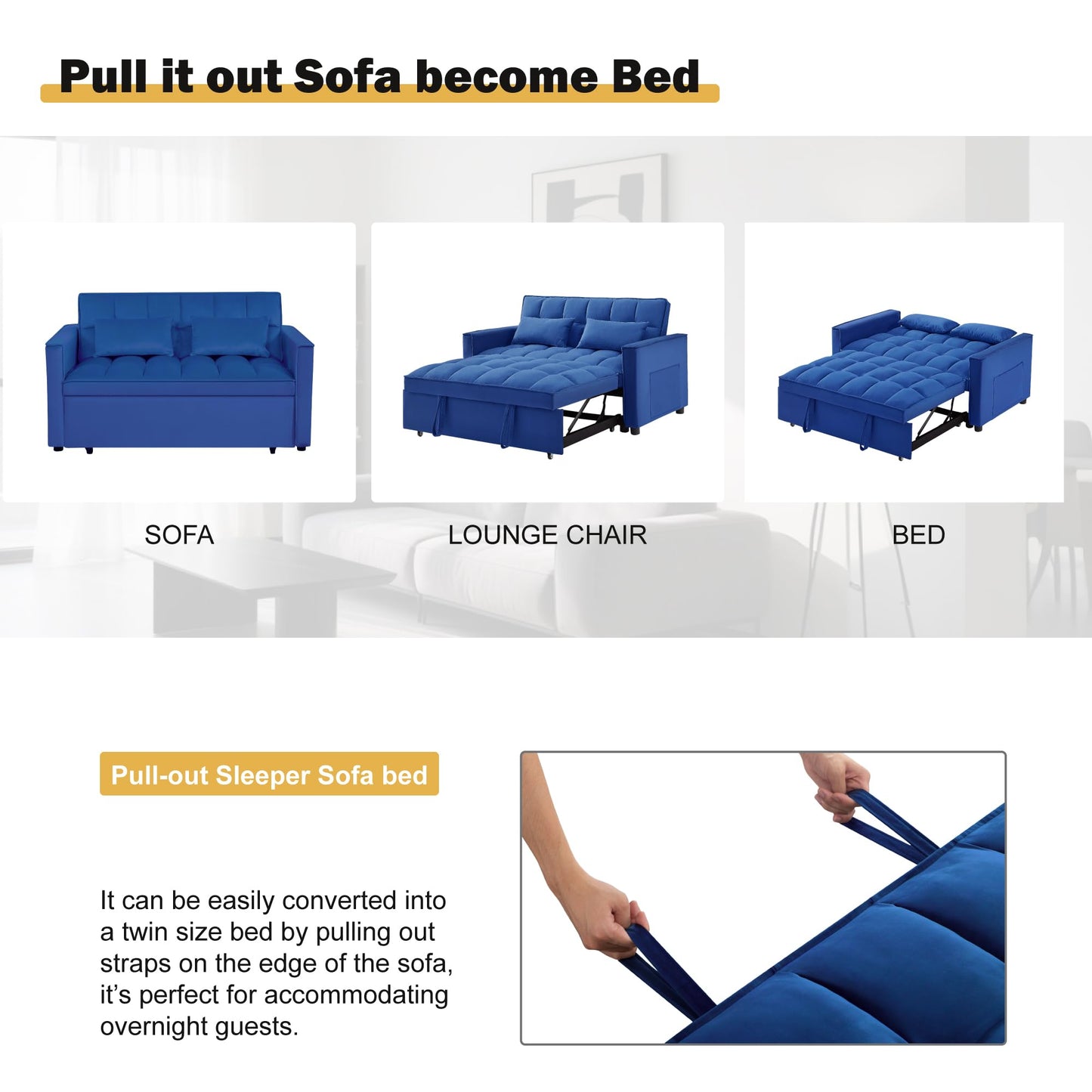 NicBex 3 in 1 Convertible Sofa Bed, Pull Out Couch Bed with Adjustable Backrest, Velvet Fabric Sleeper Sofa with Side Pocket, Loveseat Sleeper Sofa for Small Space, Living Room, Bedroom, Blue
