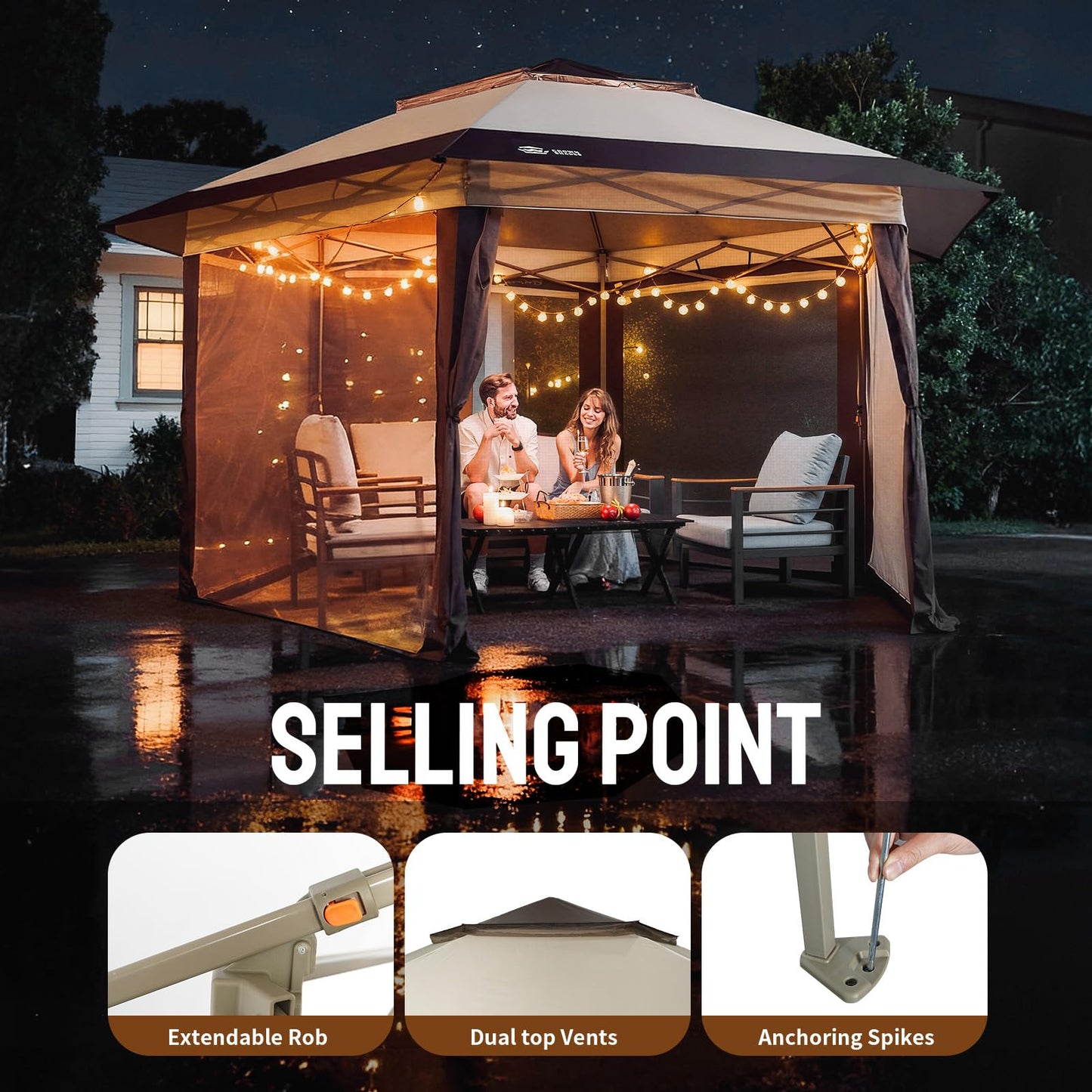 CROWN SHADES 13x13 Pop Up Gazebo with Mosquito Nettings, Patented CENTERLOK 6-Sided Portable Gazebo, 300D Silver-Coated Fabric UV Resistant, Pop Up Canopy Tent for Patio, Party, Beige&Coffee