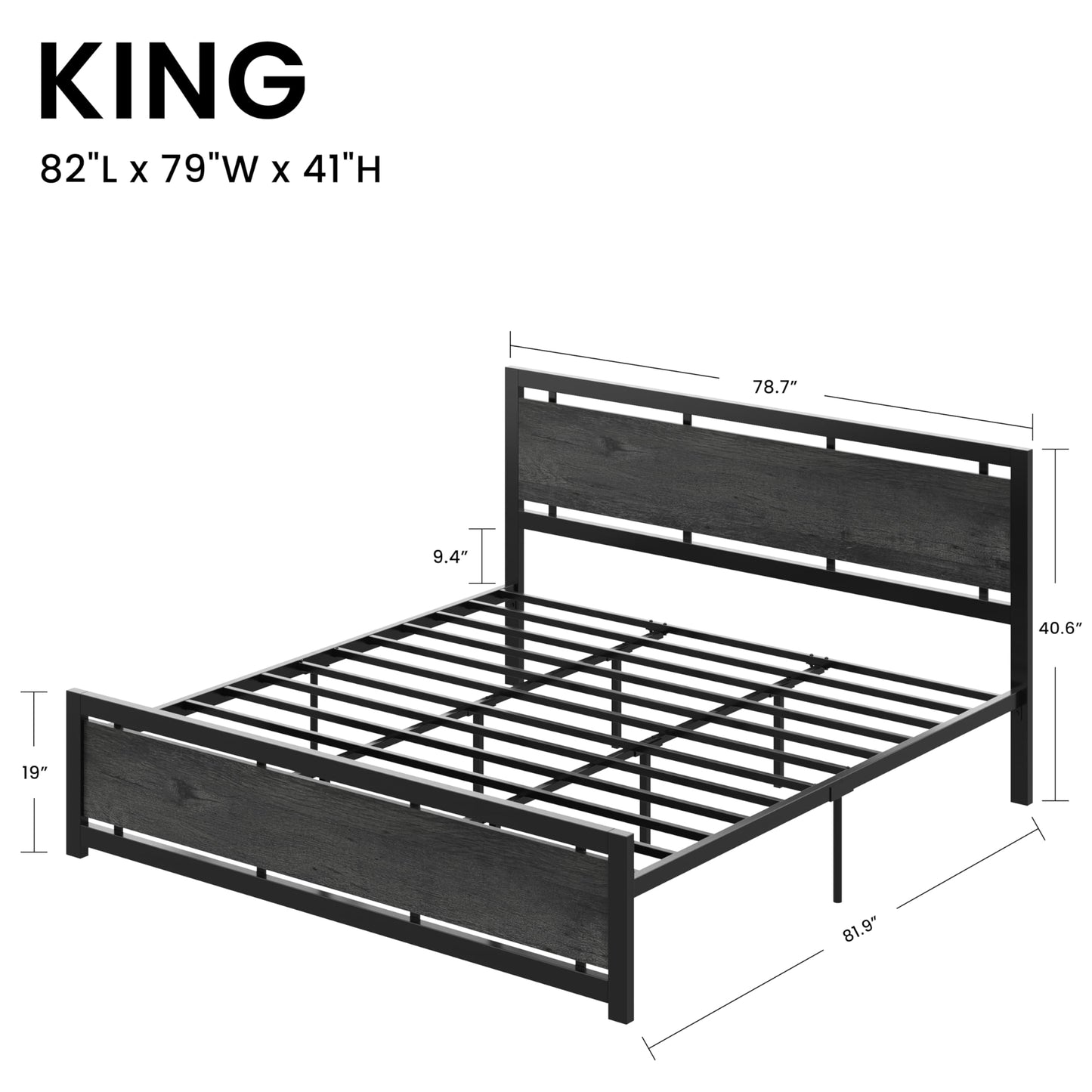 LIKIMIO King Bed Frame with Headboard and Footboard, Metal Strong Supports, Easy Assembly, Noise-Free, No Box Spring Needed, Charcoal Grey