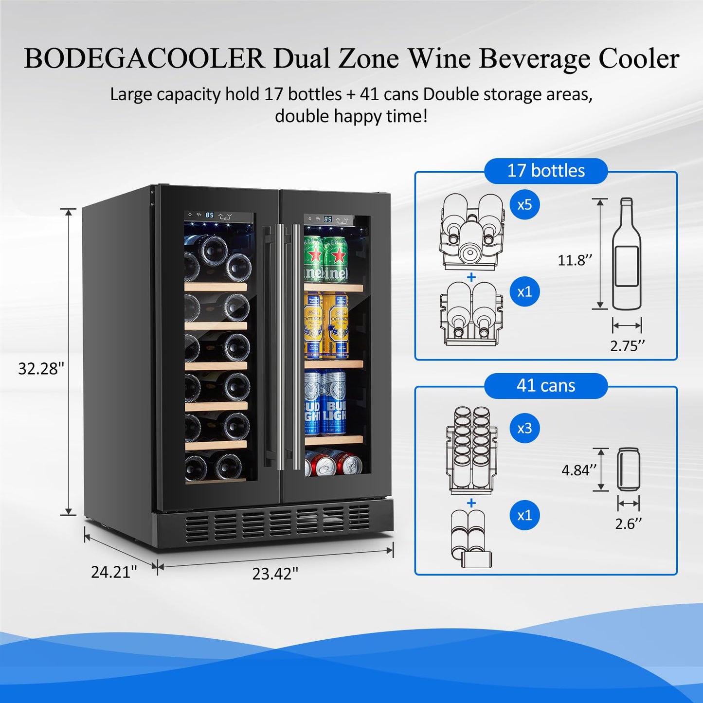 BODEGACOOLER Wine and Beverage Refrigerator, 24 Inch Dual Zone Beveage Fridge, Freestanding Wine Fridge, Under Counter Beverage Cooler With Glass Door with LED Light for Bar,Home Use,Club,Kitchen