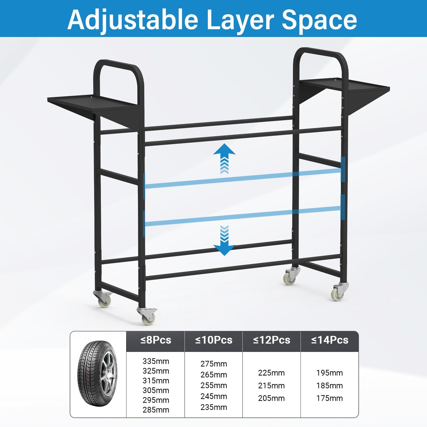 Neorexon Tire Storage Rack 57" x 55.1" x 20" w/Anti-dust Cover, Adjustable Rolling Tire Rack for Garage Black w/4 Swivel Casters & 2 Storage Shelf for Garage Storage
