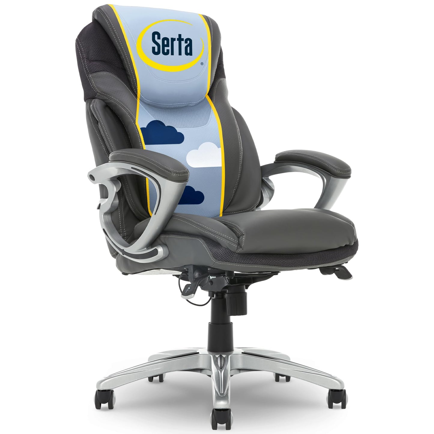 Serta Bryce Executive Office Chair - Ergonomic Computer Desk Chair with Patented AIR Lumbar Technology - Adjustable Height - Memory Foam Body Pillows - 360° Swivel Rolling Base - Bonded Leather - Gray