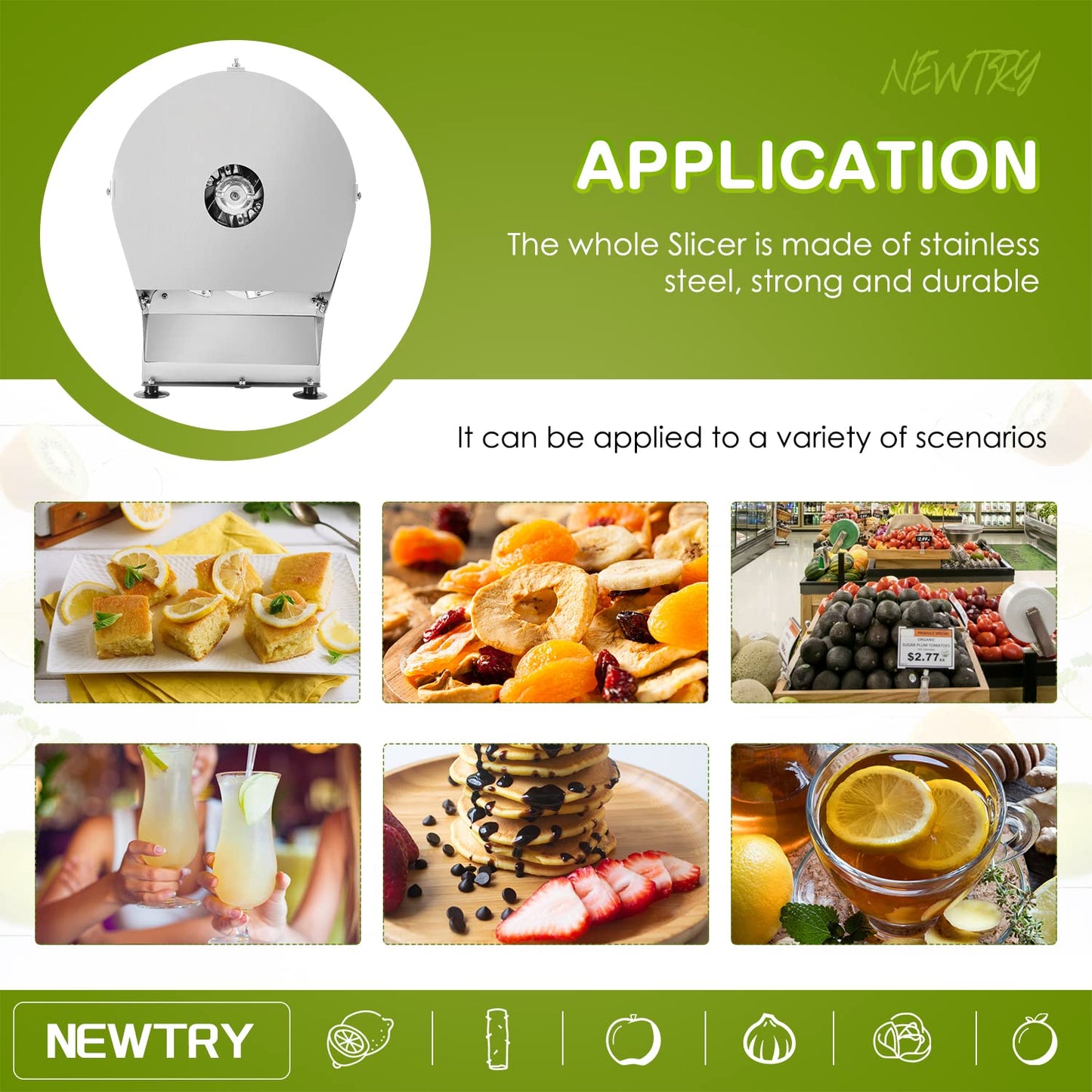 NEWTRY Electric Vegetable Slicer Commercial Fruit Slicer Machine 0-10mm (25/64inch) Thickness Adjustable Stainless Steel for Lemon Potato Onion 110V US