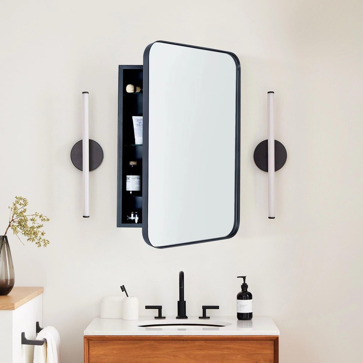 EGHOME Matt Black Rectangle Recessed Bathroom Medicine Cabinet with Mirror Stainless Steel Metal Framed Rounded Rectangular Bathroom Cabinet with Mirror 16.5x27.5''
