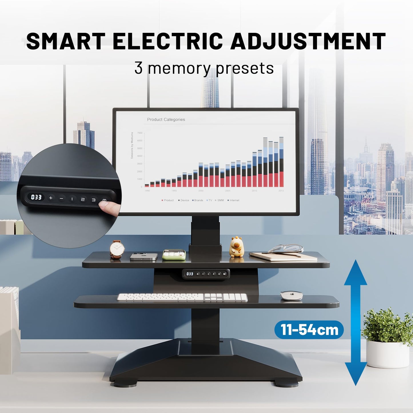 Electric Standing Desk Converter 28" Wide, Height Adjustable Desk Riser, Computer Workstation, Sit-Stand Convertor for Home, Office, School (Black, 1 Arm Included)