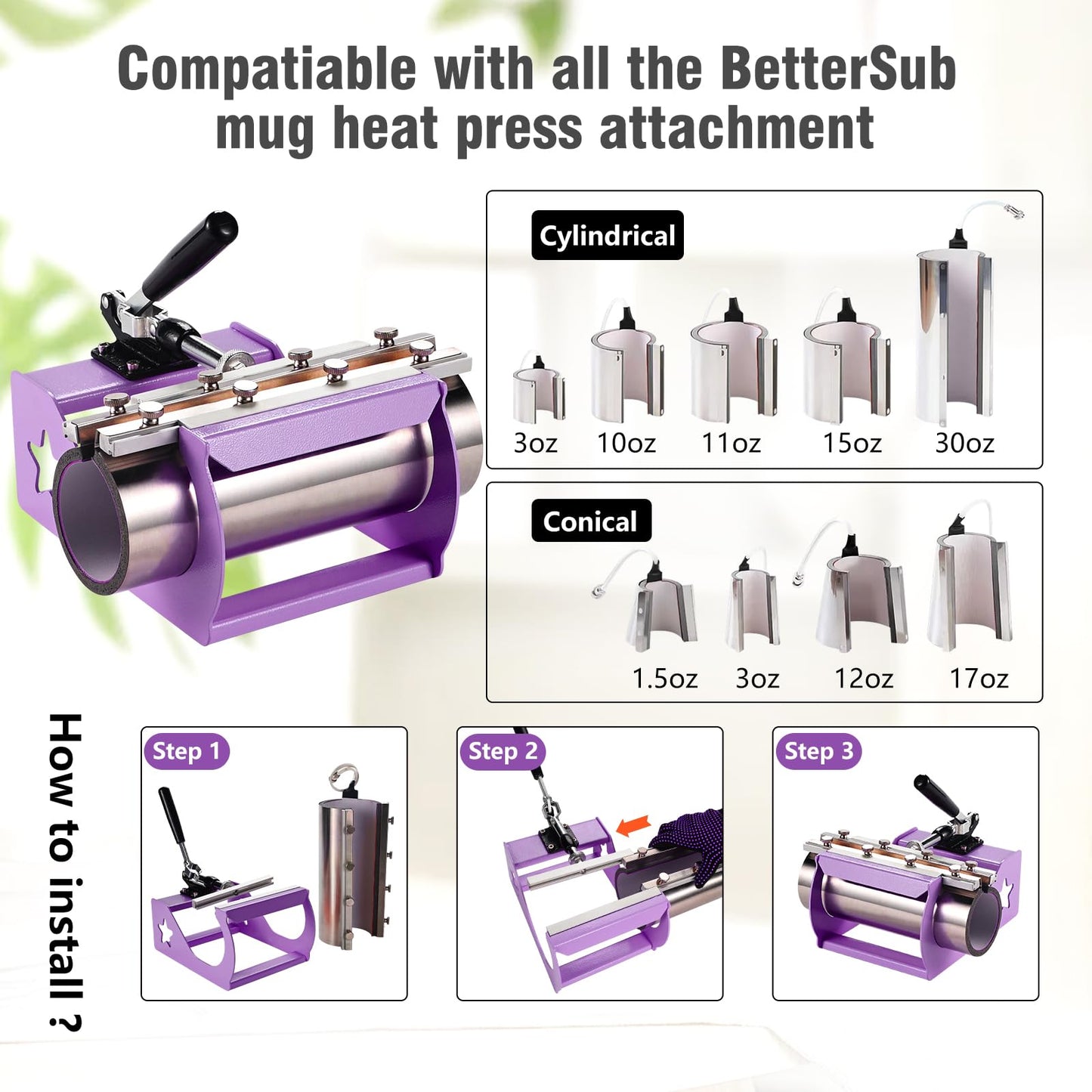 BetterSub 5 in 1 Heat Press Machine 12x15 inch, Industrial-Quality Sublimation Press with 30oz Tumbler Attachment & Curved Hat Plate, 360° Swivel Design for T-Shirts, Vinyl, DTF Film - Purple