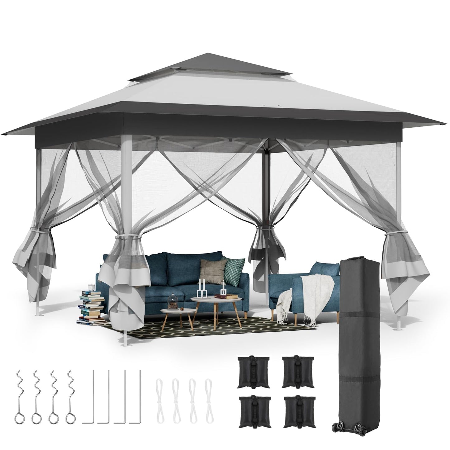 MAMIZO 13ft Pop Up Gazebo, Outdoor Instant Canopy Tent w/4 Netting Sidewall & Auto Extending Eave, Patio Gazebos Shelter w/Mesh Wall, Center Lock, Wheeled Bag for Garden, Yard (Grey, 13X13FT)
