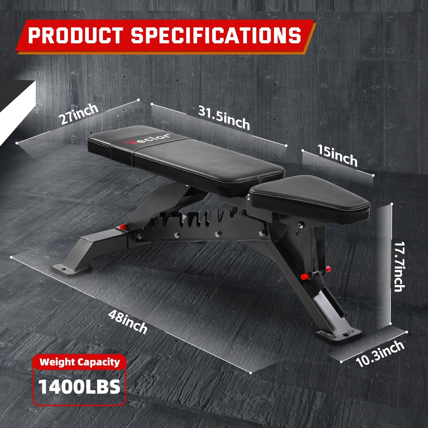 Teclor Commercial Adjustable Weight Bench with 1400LB Capacity for Home Gym, Flat/Incline/Decline Bench - Bench Press 2.2" Thick Pad,Black