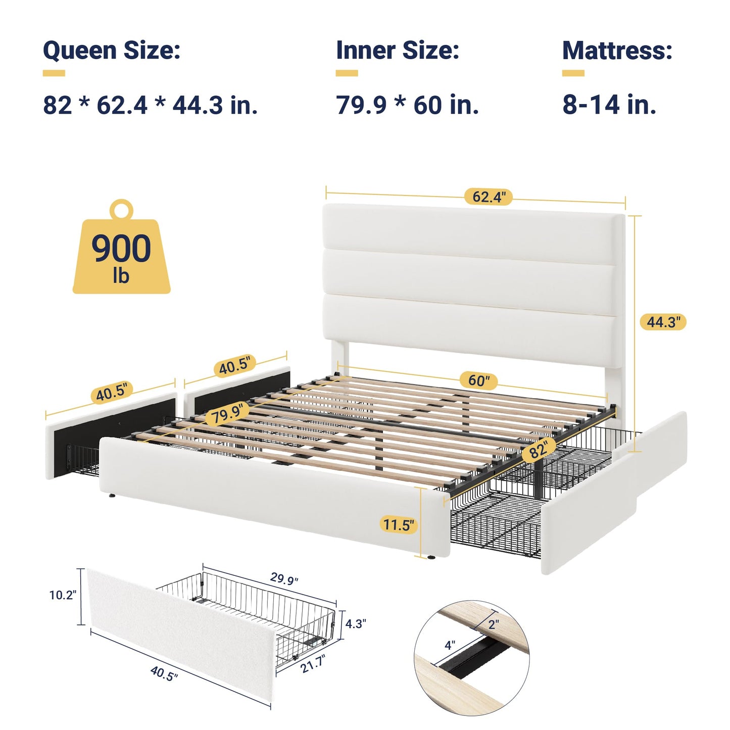 Allewie Modern Queen Size Platform Bed Frame with 4 Storage Drawers and Velvet Upholstered Headboard, Wooden Slats Support, Upholstered Mattress Foundation/No Box Spring Needed/Easy Assembly, White