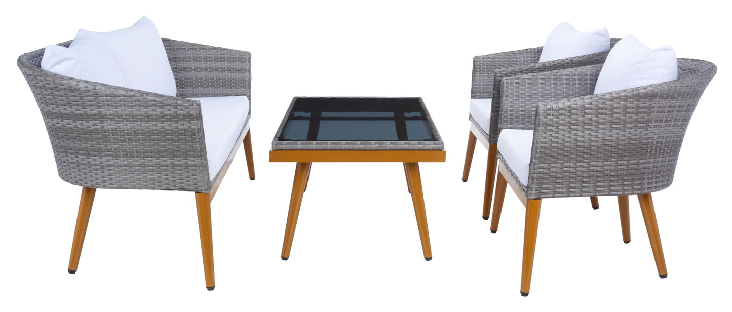 SAFAVIEH Outdoor Collection Malsor Grey Wicker 4-Piece Outdoor Conversation Patio Set