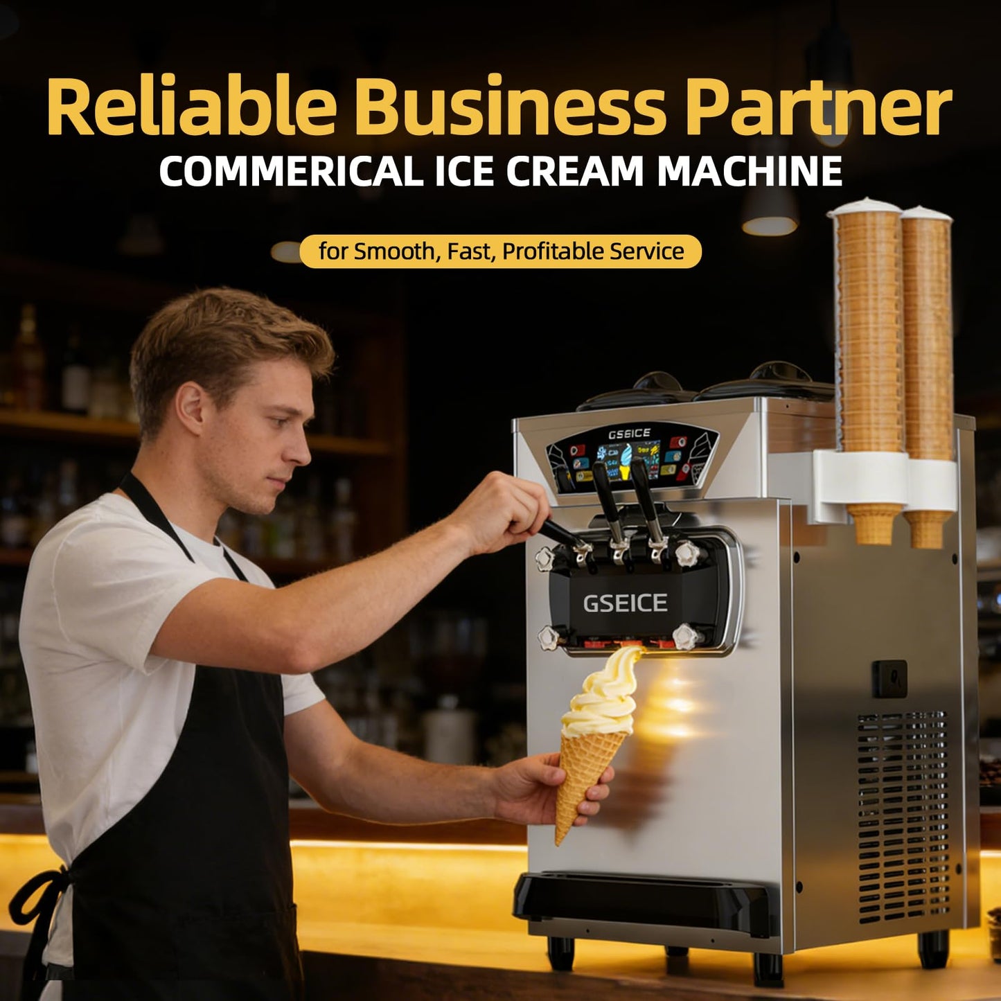 Commercial Ice Cream Maker, 6.8-8.4 Gal/H, 2 * 8L Hopper 110V Countertop Soft Serve Ice Cream Machine, 3 Flavors Puffing Alarm Pre-Cooling For Shops Cafes Dessert Stores, Auto Clean & Touch Screen