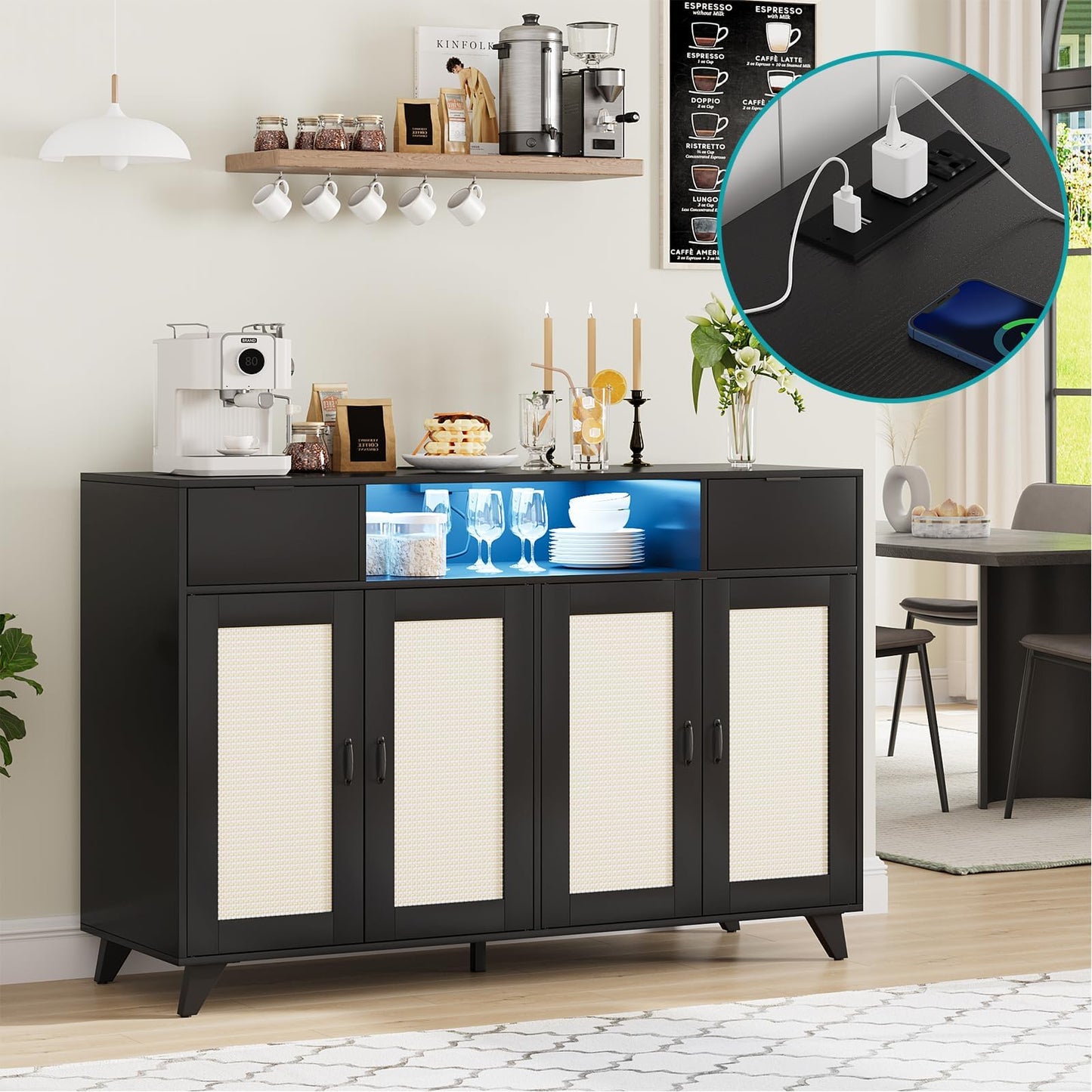 Garvee Rattan Sideboard Buffet Cabinet with Power Outlet – 2 Drawers, 4 Doors, Adjustable Shelves, Coffee Bar Storage Console Table for Dining Room, Living Room, Kitchen – Black