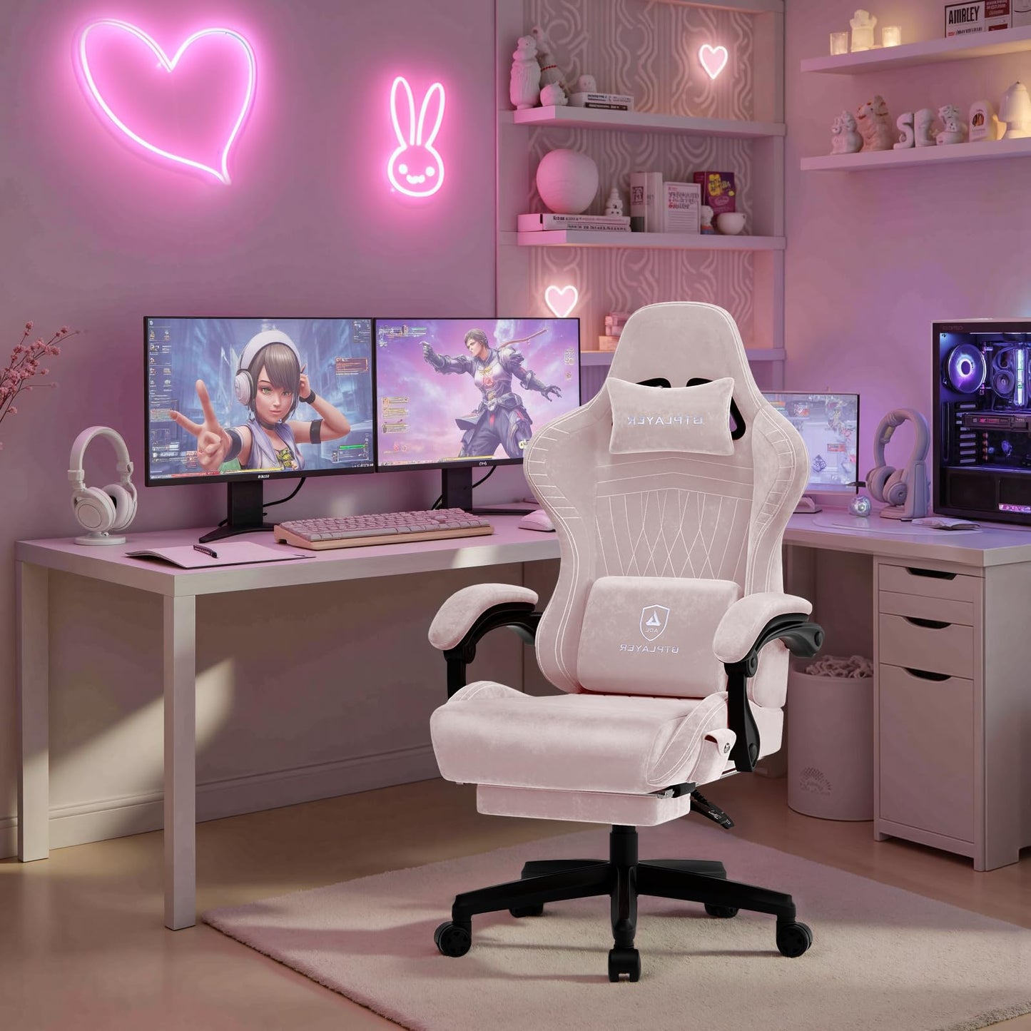 GTPLAYER ACE-PRO Music Gaming Chairs – Built-in Speakers, App Support & Bluetooth Control, Computer Game Chairs with Footrest for Adults, Ergonomic Reclining Silla, Linkage Armrest, Pink 【Velvet】