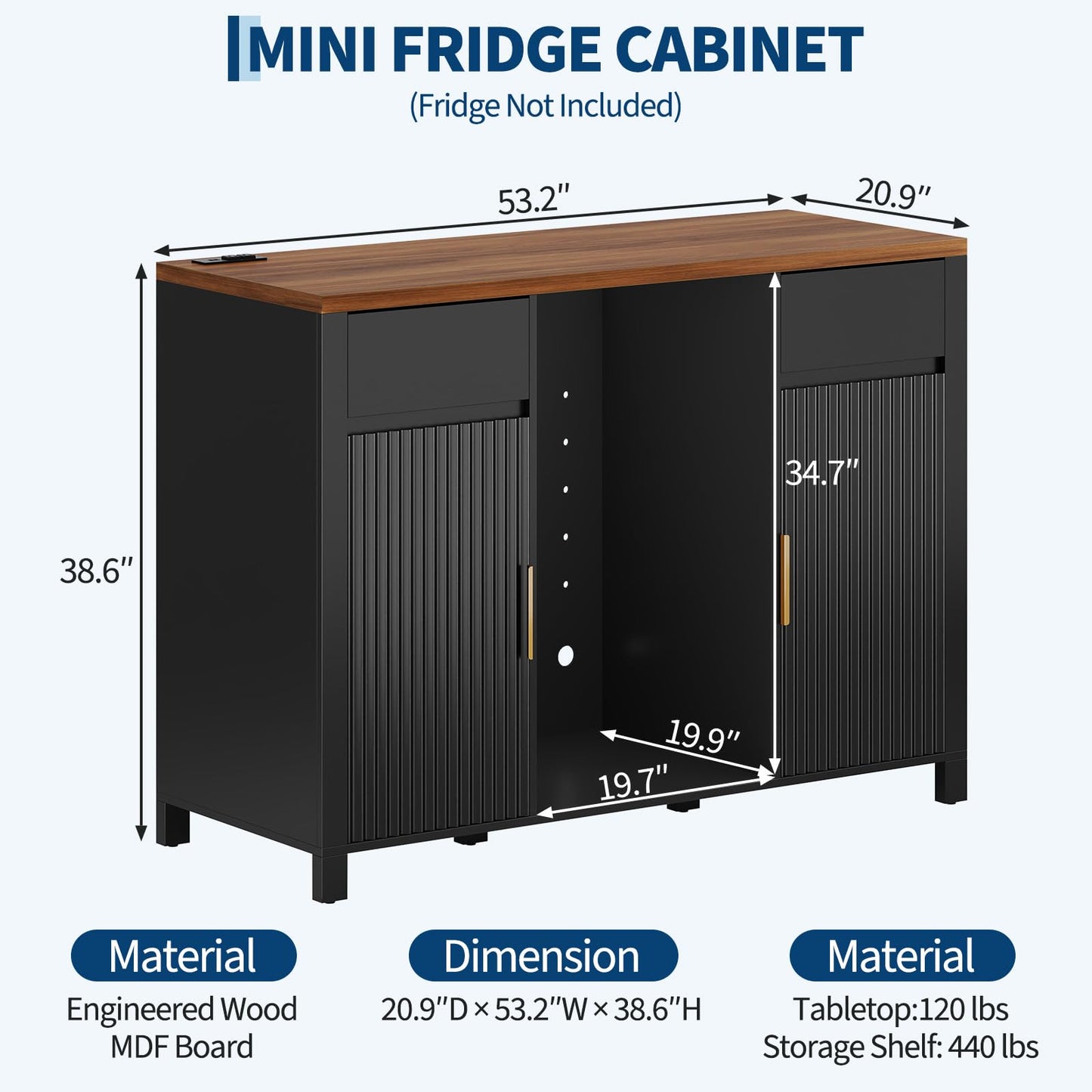 Garvee 53" Fluted Coffee Bar with Mini Fridge Space & Charging Station, Fits 19.7" Mini Fridge, Fridge Cabinet with Wine Storage, Buffet Sideboard with Wine Rack and Storage for Dining Room, Black