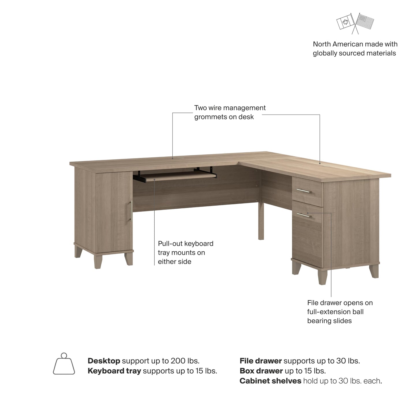 Bush Home 72-Inch L-Shaped Desk with Storage, Corner Computer Office Desk with File and Box Drawers, Home Office Workstation with Storage Cabinet, Somerset Collection, Ash Gray