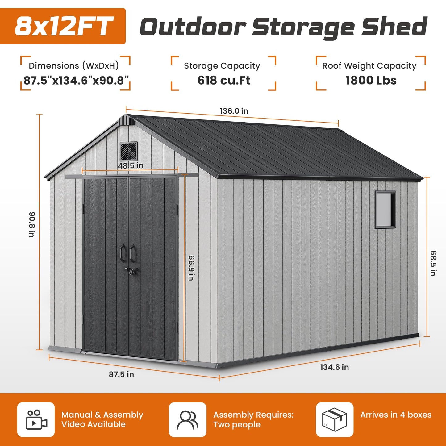 Jocoevol Outdoor Storage Shed, 8x12FT Resin Shed with Floor/Windows/Lockable Door/Vents, 15mm Thickened Heavy Duty All-Weather Garden Tool Shed for Backyard, Patio, Lawn, Gray