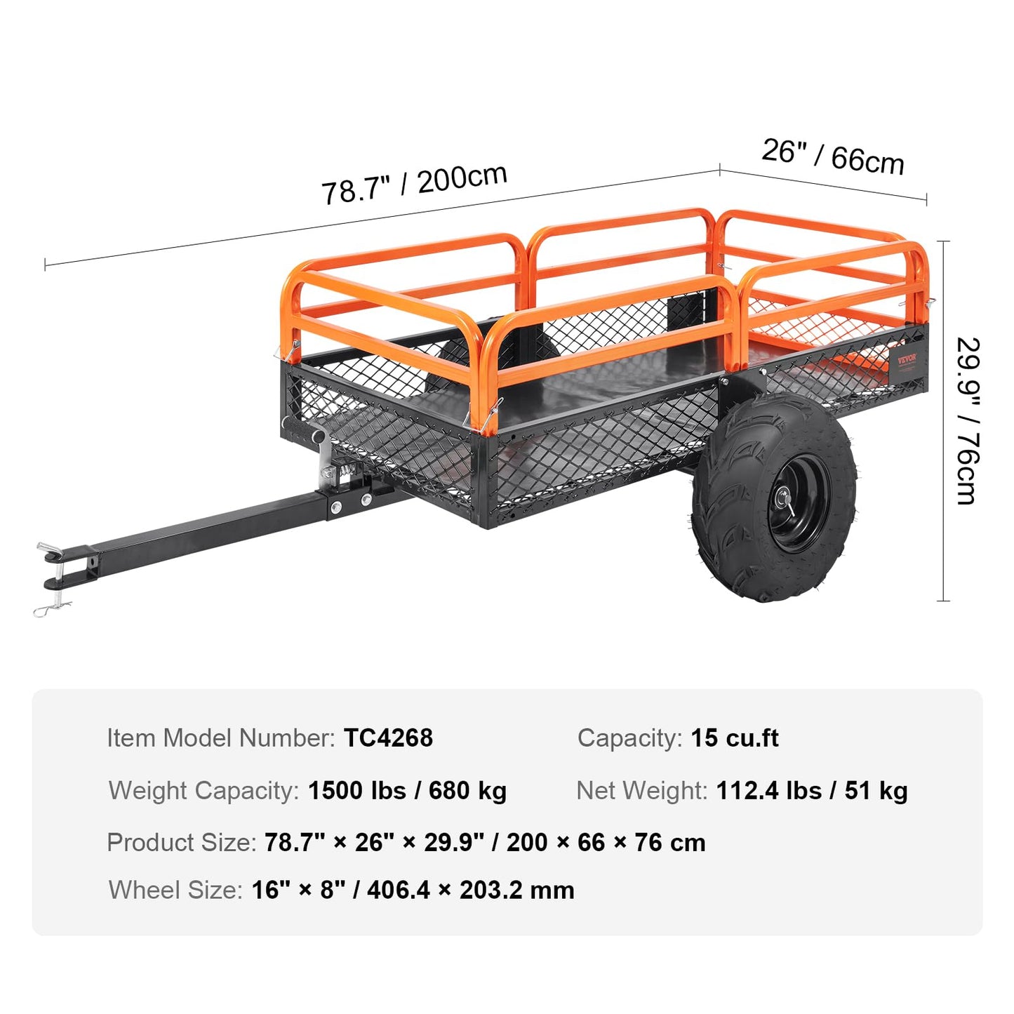 VEVOR ATV UTV Trailer Tow Behind Dump Cart, 1500lbs 15 Cubic Feet, Heavy Duty Yard Garden Trailer Pull Behind Dump Trailer for Lawn Mower Tractor