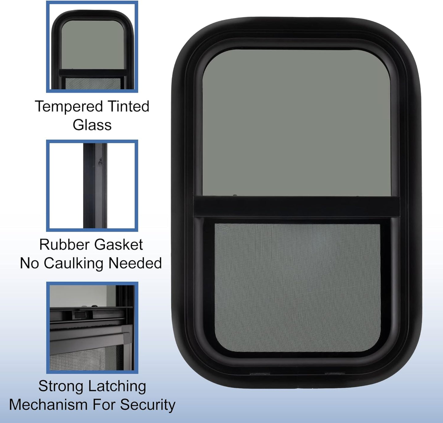 RecPro RV Window Replacement | Teardrop Style | 14inW x 22inH | Vertical Sliding | Black | Model RP-WIN