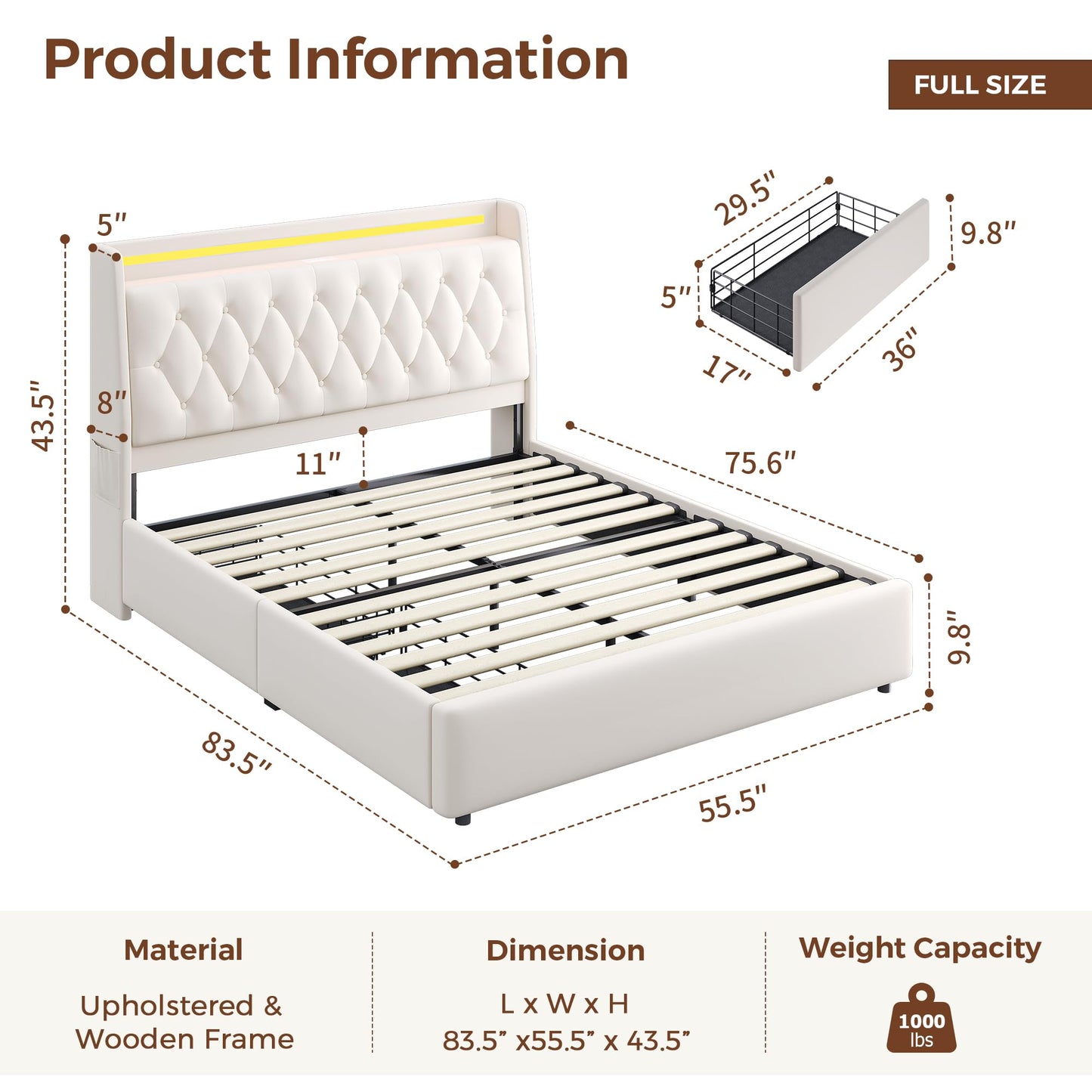 Full LED Velvet Bed Frame with 2 Storage Drawers&Hidden Headboard, Upholstered Platform Bed with Charging Station&Button Tufted Design, Wooden Slats Support, Box Spring Optional, Easy Assembly, Beige
