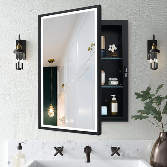 KIMREAL LED Lighted Medicine Cabinet with Mirror, Recessed or Wall Mounted Bathroom Mirror with Storage, Anti-Fog, 3-Color Dimming, Adjustable Shelves, Black Metal Frame - 20x26 inch