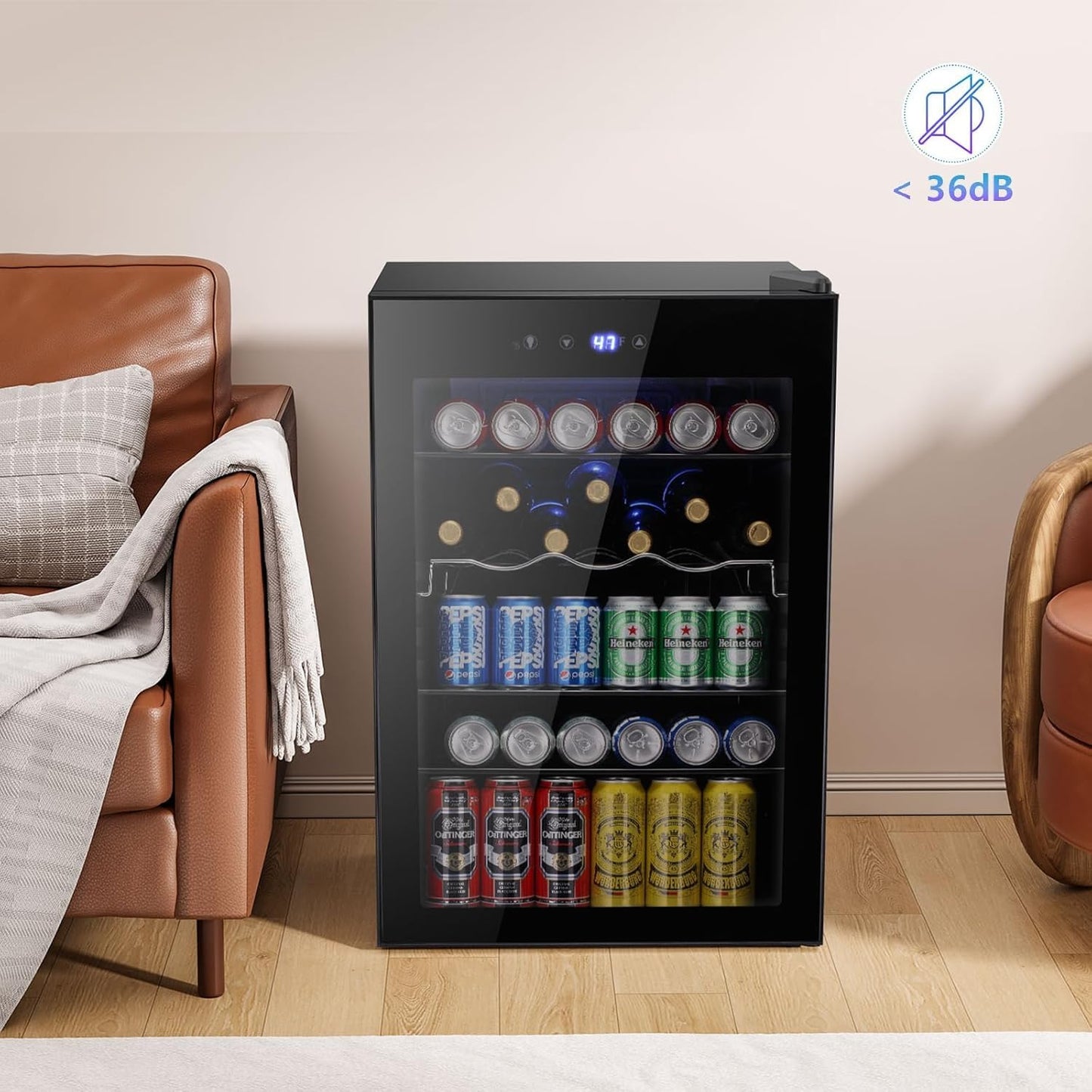 COWSAR Beverage Refrigerator 145 Can Wine Cooler Freestanding Mini Fridge Small with Digital Temperature Control, Glass Door, and Child Lock, Quiet Drink Refrigerator for Home, Bar– 4.5 Cu. Ft.