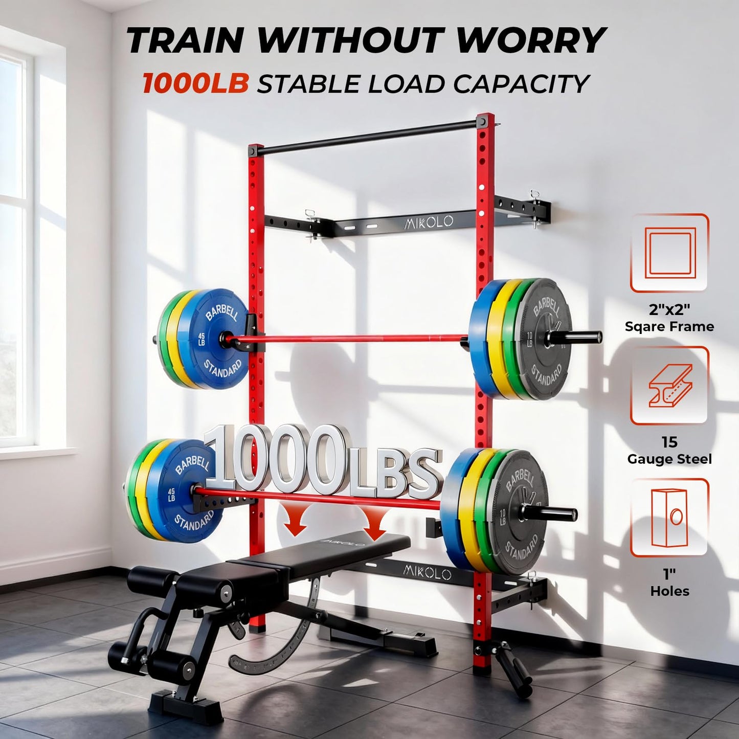 Mikolo 2" x 2" Folding Wall Mounted Squat Rack, 1000 Pounds Capacity Power Rack with Safety Catches, Pull Up Bar, J Hooks and Landmine Attachment, Space-Saving Home Gym(Red