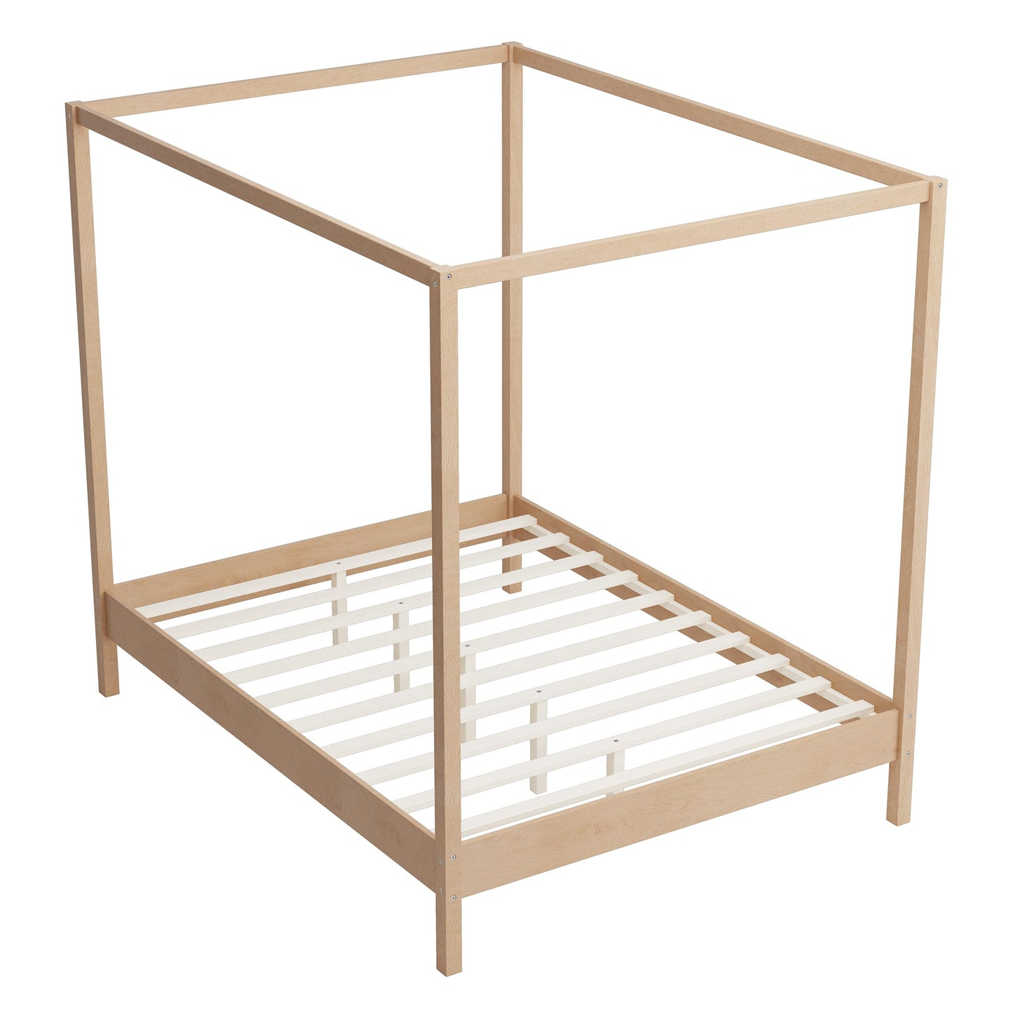 Merax Queen Size Canopy Bed with Four Posters, Wooden Platform Bed Frame & 8.3" Storage Space Under Bed, Solid Wood Slats Support, No Box Spring Needed, Easy Assembly, Natural