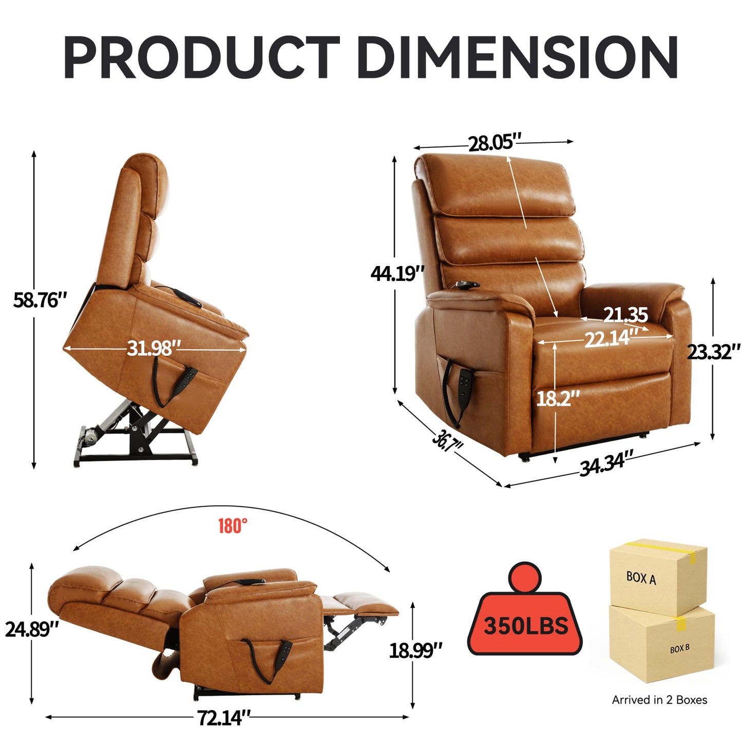RHHVVR Oversized Power Lift Recliner Chair for Elderly, 180° Flat Lay Zero Gravity Electric Sofa with 8-Point Massage and Lumbar Heat, Breathable Leatheraire, Adjustable Footrest