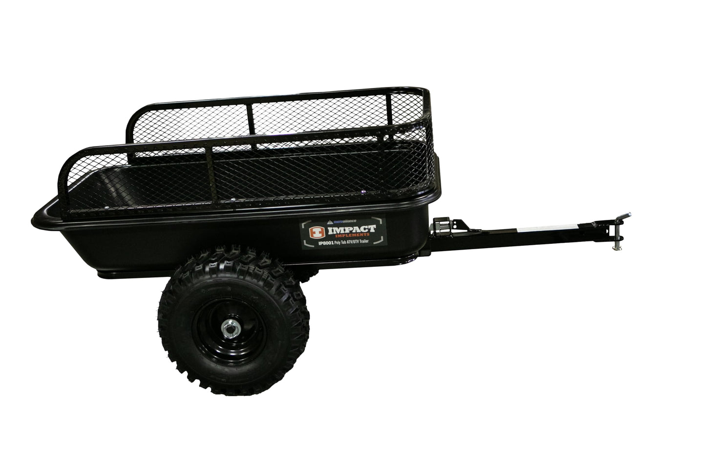 IMPACT IMPLEMENTS® 1500lb Poly Tub Agricultural Trailer from USA Outdoors Company. Includes Optional 2" Coupler, 18" x 8" Tires, and Pivoting Feature.