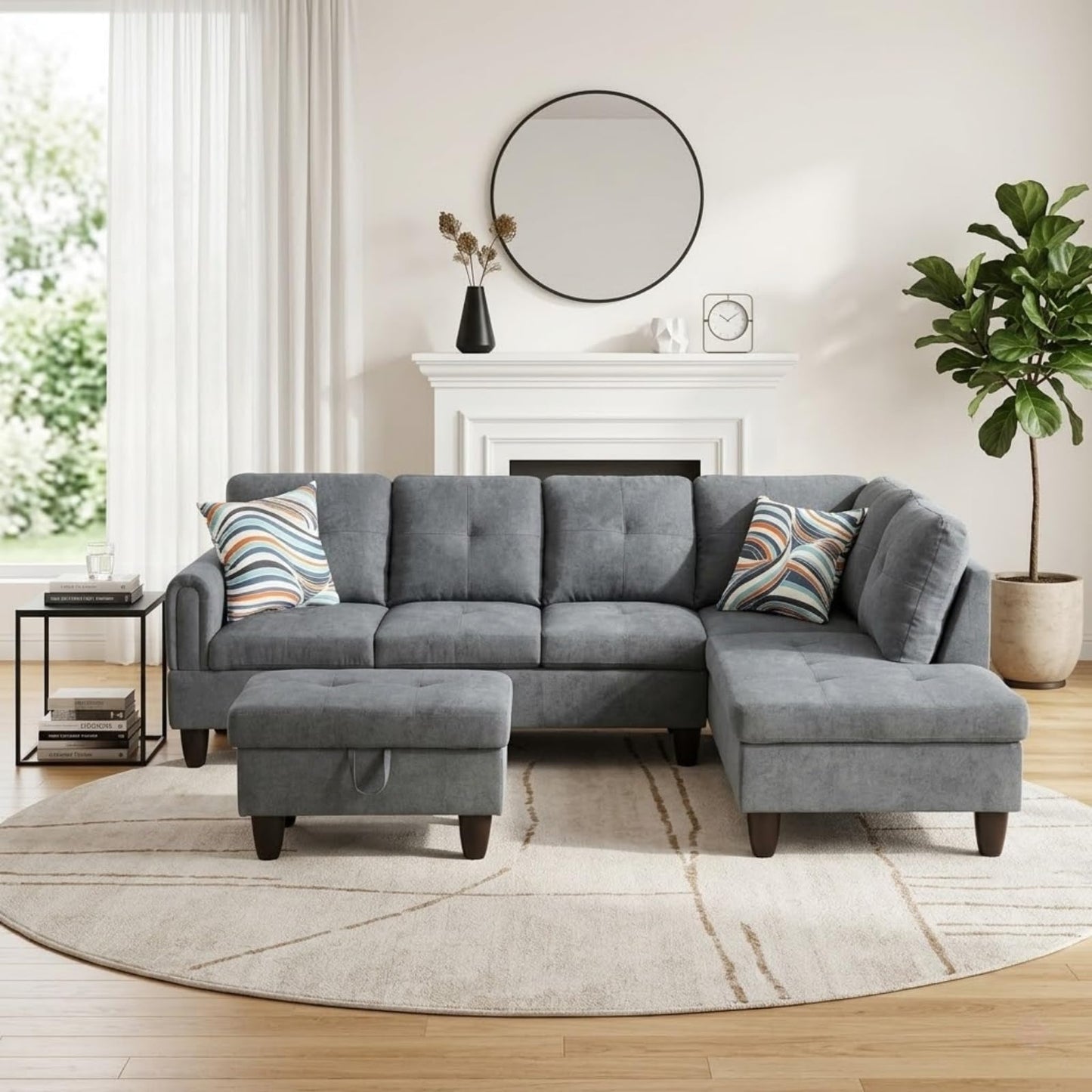 Trygoal L-Shape Sofa with Storage Ottoman, Fluffy Fabric Sectional Couch with Right Chaise, Modern 3-Piece Sofa Set for Living Room, Upholstered Couch Set with Solid Wood Frame, Dark Grey