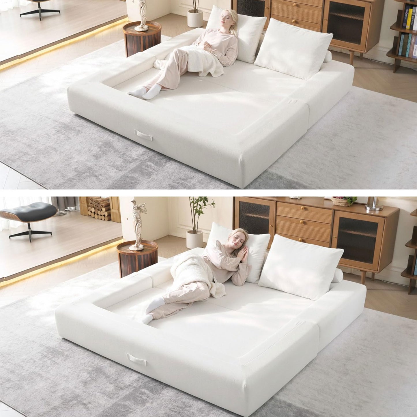 WHGBJA Oversized 79” Double Chaise Lounge Sofa Bed, Deep Seat Corduroy Cloud Loveseat Chair, No Assembly, Plush Upholstered Sleeper for Living Room or Bedroom (White)